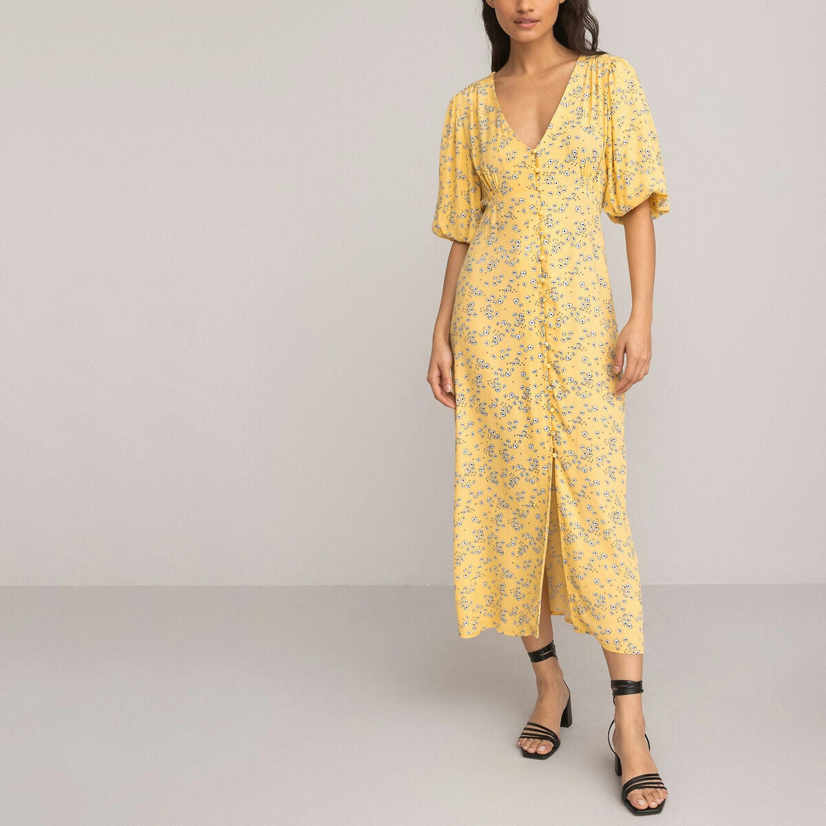 Robe longue col V, manches courtes ballons