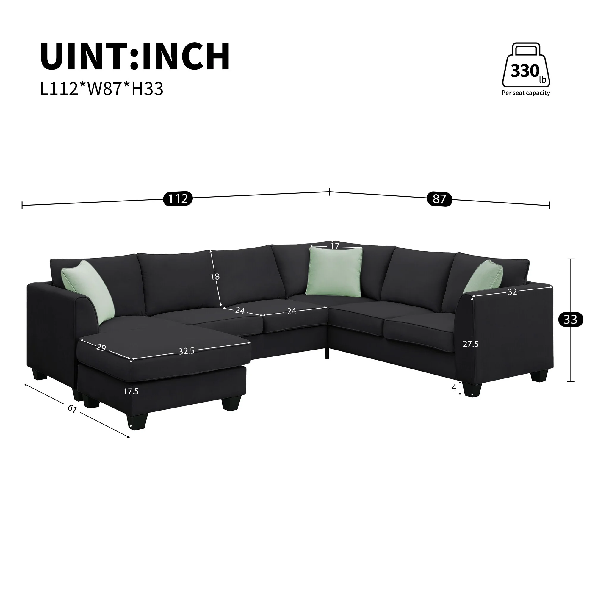Black 112'' Spacious L-Shaped 7-Seat Modular Sectional Sofa with Ottoman and 3 Pillows, Sturdy Wood and Metal Frame