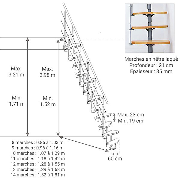 Escalier droit 13 marches - Hauteur à franchir 2.66 à 2.98m - Largeur 65cm - Structure noire et marche hêtre - QUATR65/I-NB-13