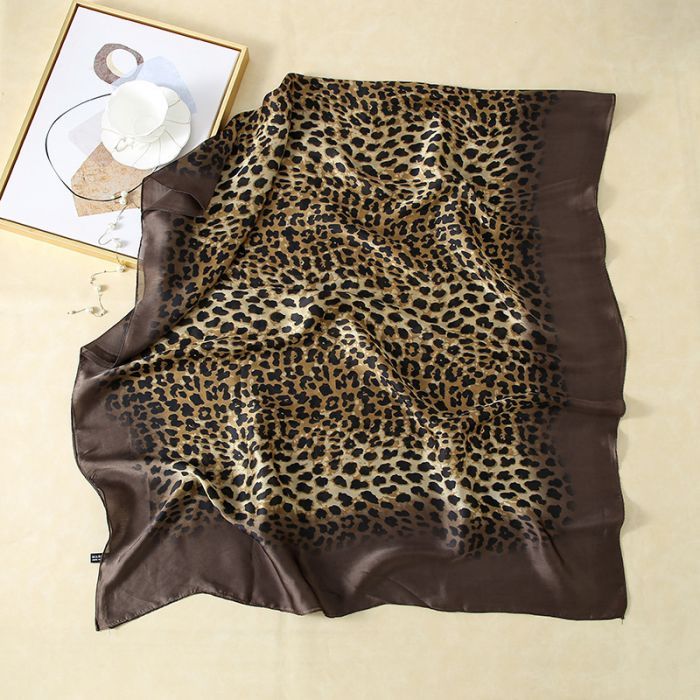 PEACH ACCESSORIES Leopard Print Satin Feel Scarf in Brown