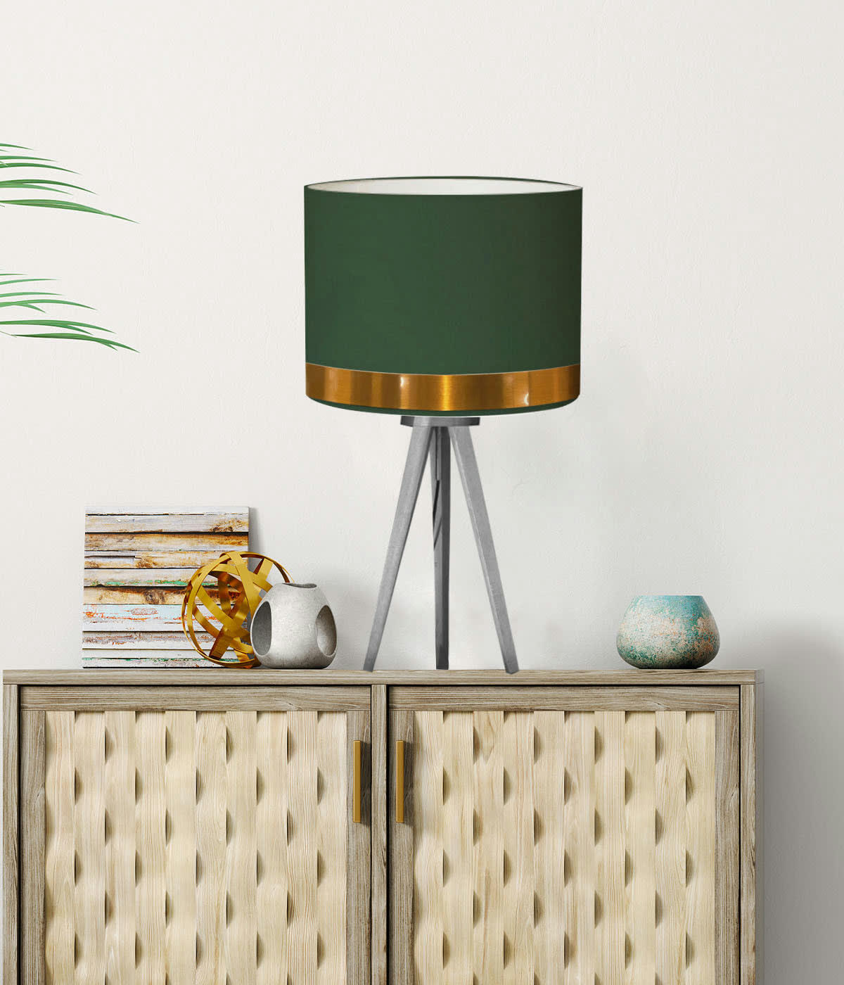 JONC - Abat-jour pour chevet rond vert jonc cuivre D: 25 x H: 20