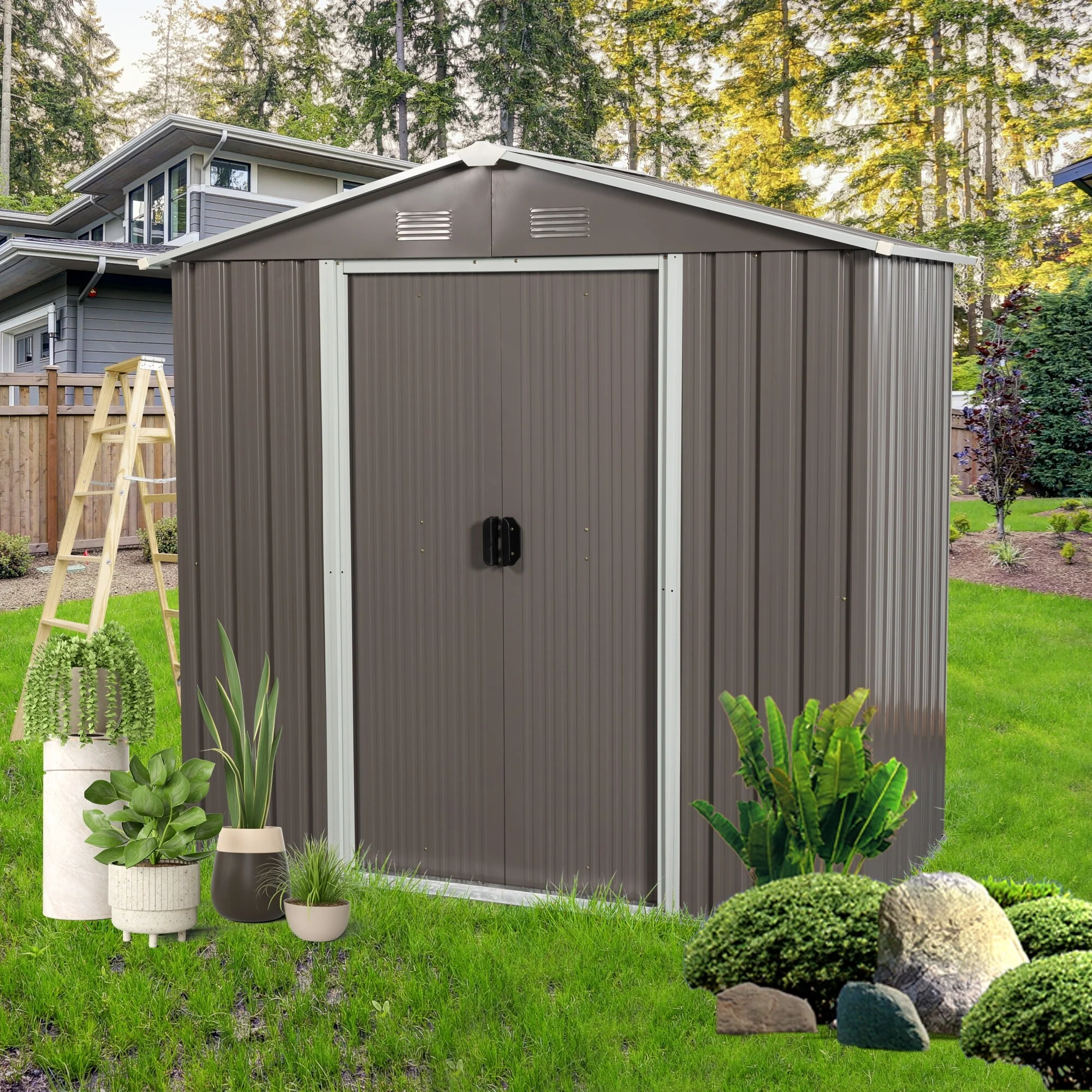 Waterproof Garden Shed Tool Shed Pet Shed Rust-resistant Metal Storage Shed with Lockable Sliding Door
