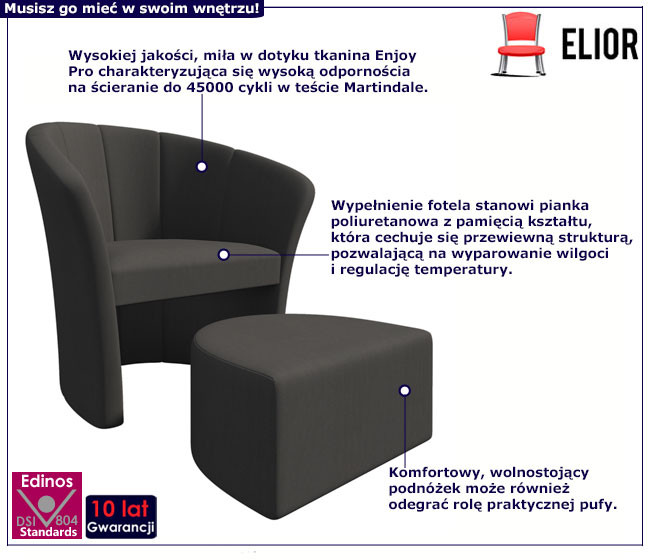 Grafitowy stylowy fotel z podnóżkiem wolnostojącym - Elren