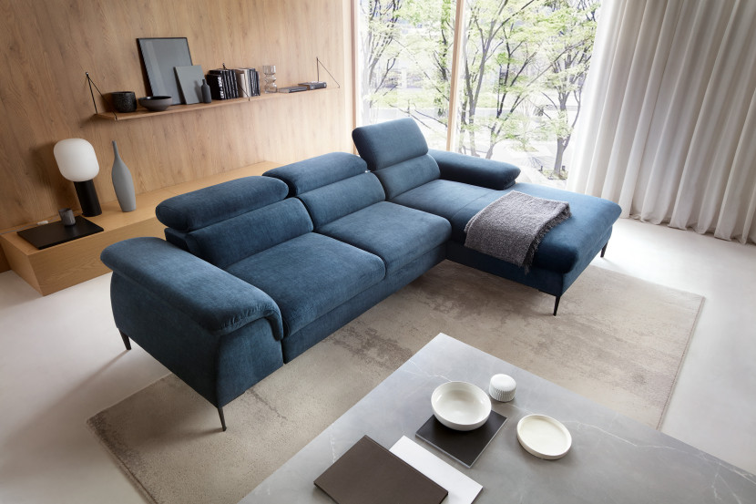 Narożnik SEUL M morski z szezlongiem - elegancka sofa do salonu Prawy