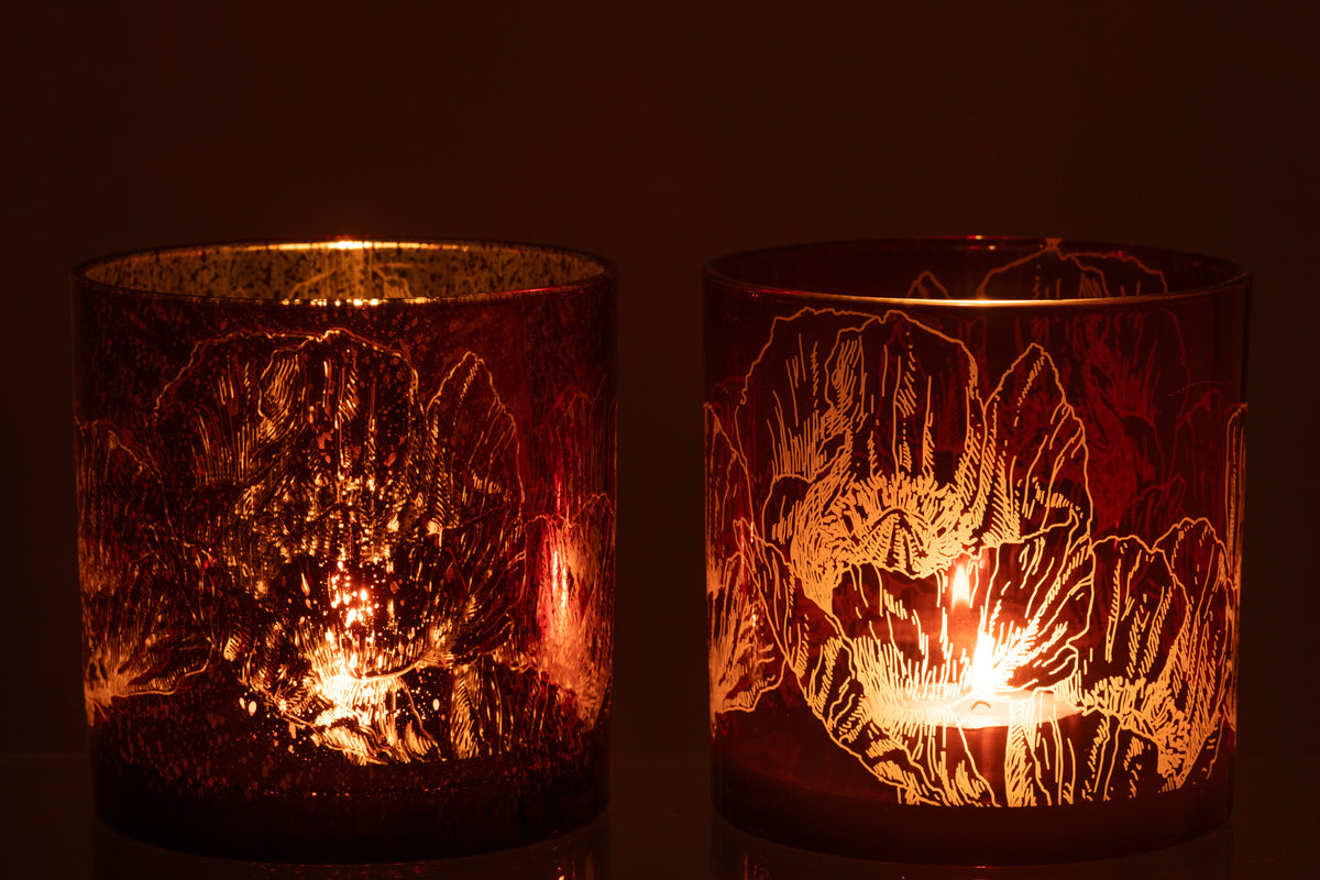 j-Line windlicht Bloemen - glas - bordeaux - large - 2 stuks