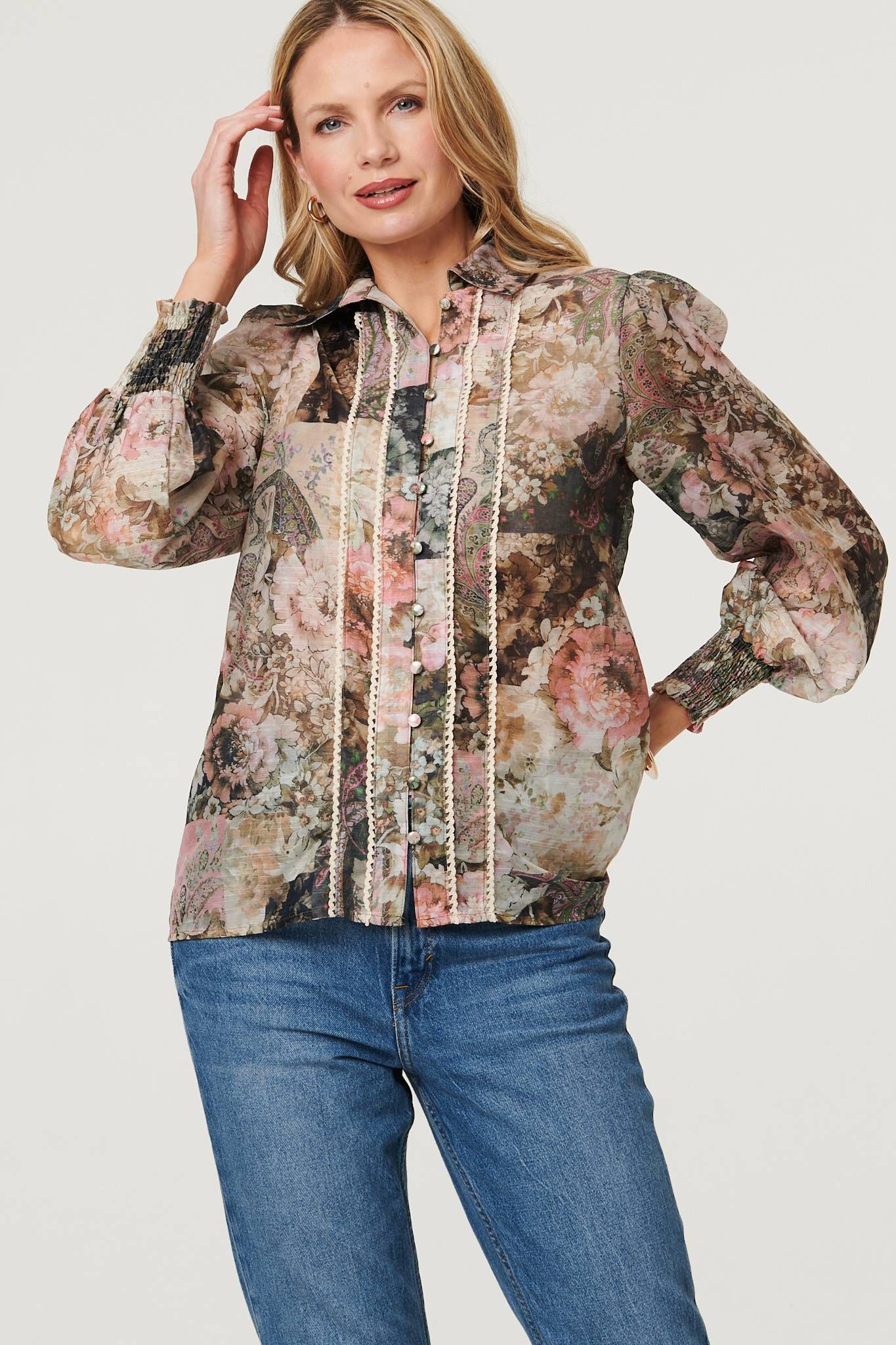 Izabel London Floral Lace Trim Long Puff Sleeve Shirt