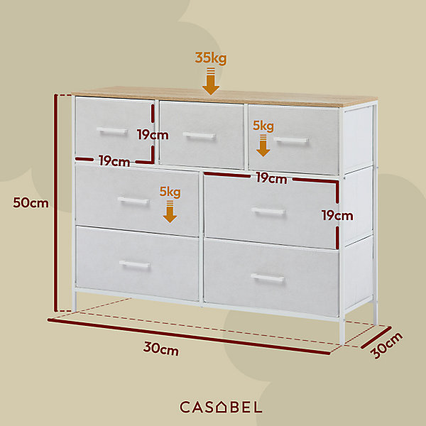 CASABEL Commode 7 tiroirs cadre metal blanc et plateau en bois meuble de rangement 100x30x75 cm pratique et polyvalente