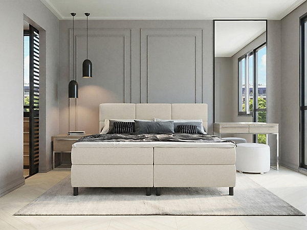 Ensemble complet boxspring tête de lit capitonnée   sommiers   matelas   surmatelas - 2 x 80 x 200 cm - Tissu - Beige - LODI de