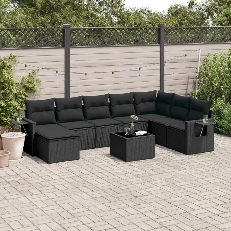 vidaXL - Loungeset - Zwart - Poly rattan - 9 stuks - Met kussens