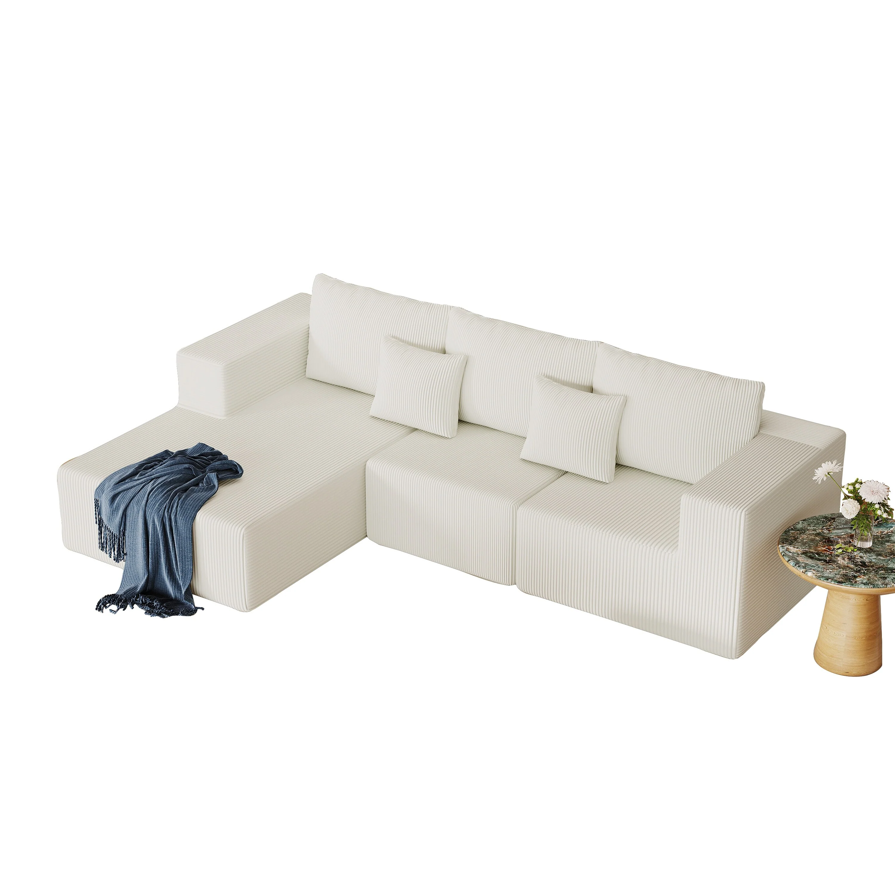 Modern Modular Sectional Sofa with Striped Corduroy and Foam Cushion, for Living Room and Guest Room