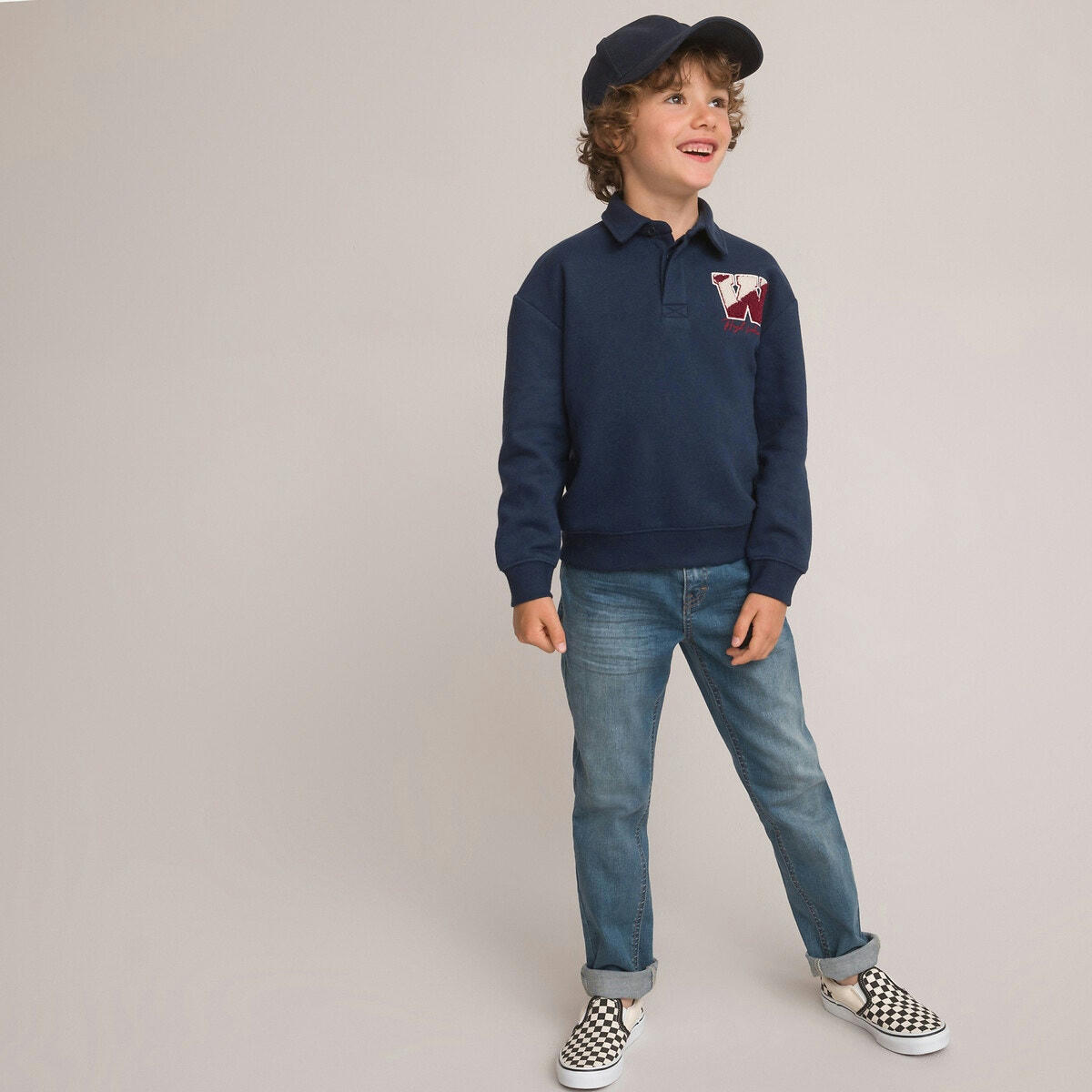 Sweat col polo en molleton, motif bouclette