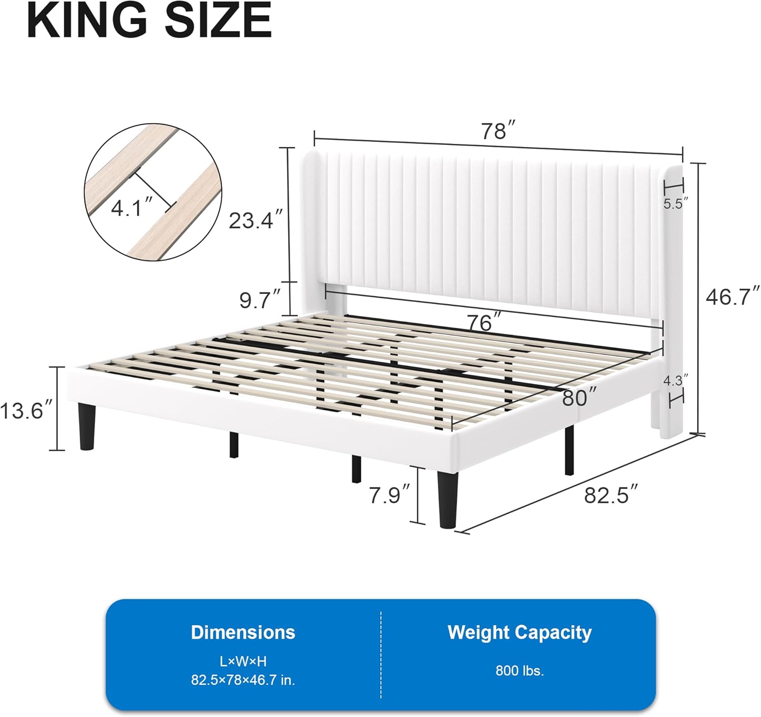 GOLDORO King Size Platform Bed Frame, Velvet Upholstered, Vertical Channel Tufted Wingback Headboard, Wooden Slats Support, No Box Spring Needed, Easy Assembly, White