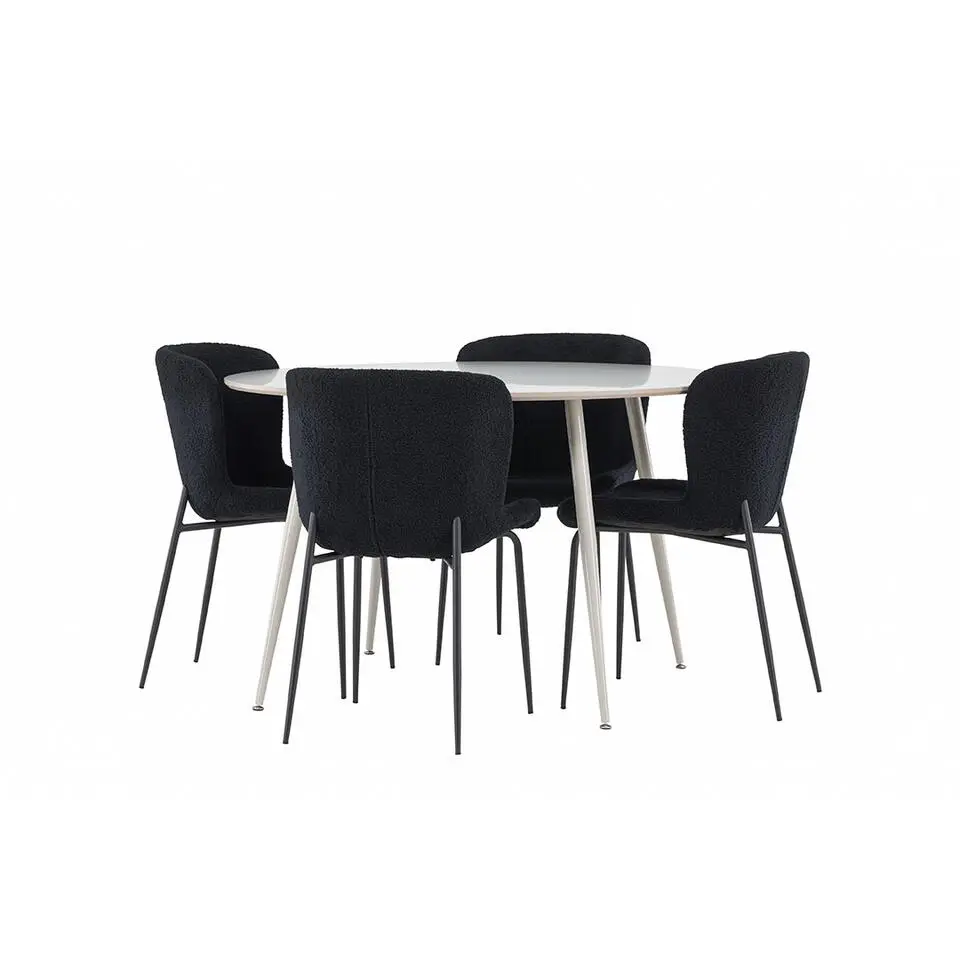 Hioshop Plaza eethoek tafel &Oslash;120cm en 4 teddy stoelen beige