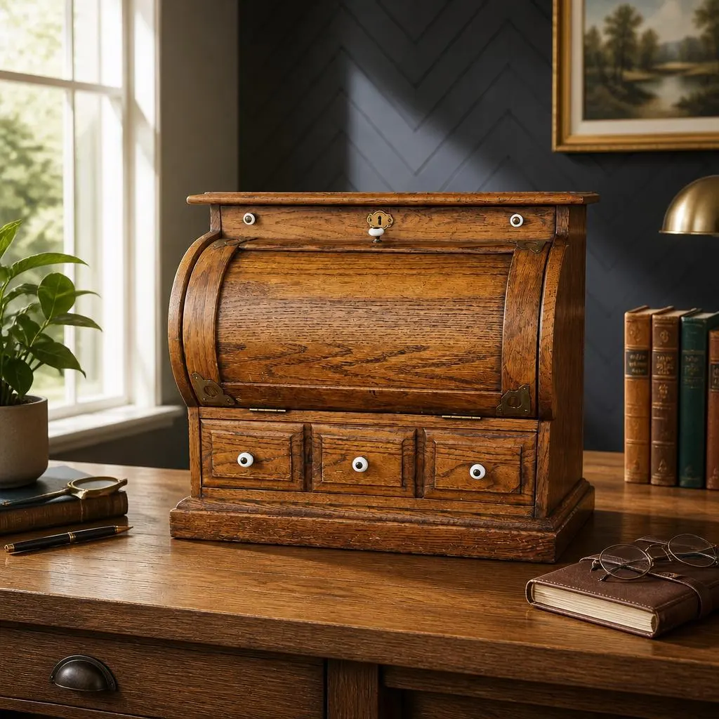 Vintage Oak Drop Front Secretary Cabinet, Farmhouse Bread Box Storage