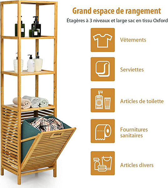 Meuble Colonne de Salle de Bain en Bamboo, Meuble de Rangement pour Salle de Bain, 40 x 33 x 160 cm, Naturel