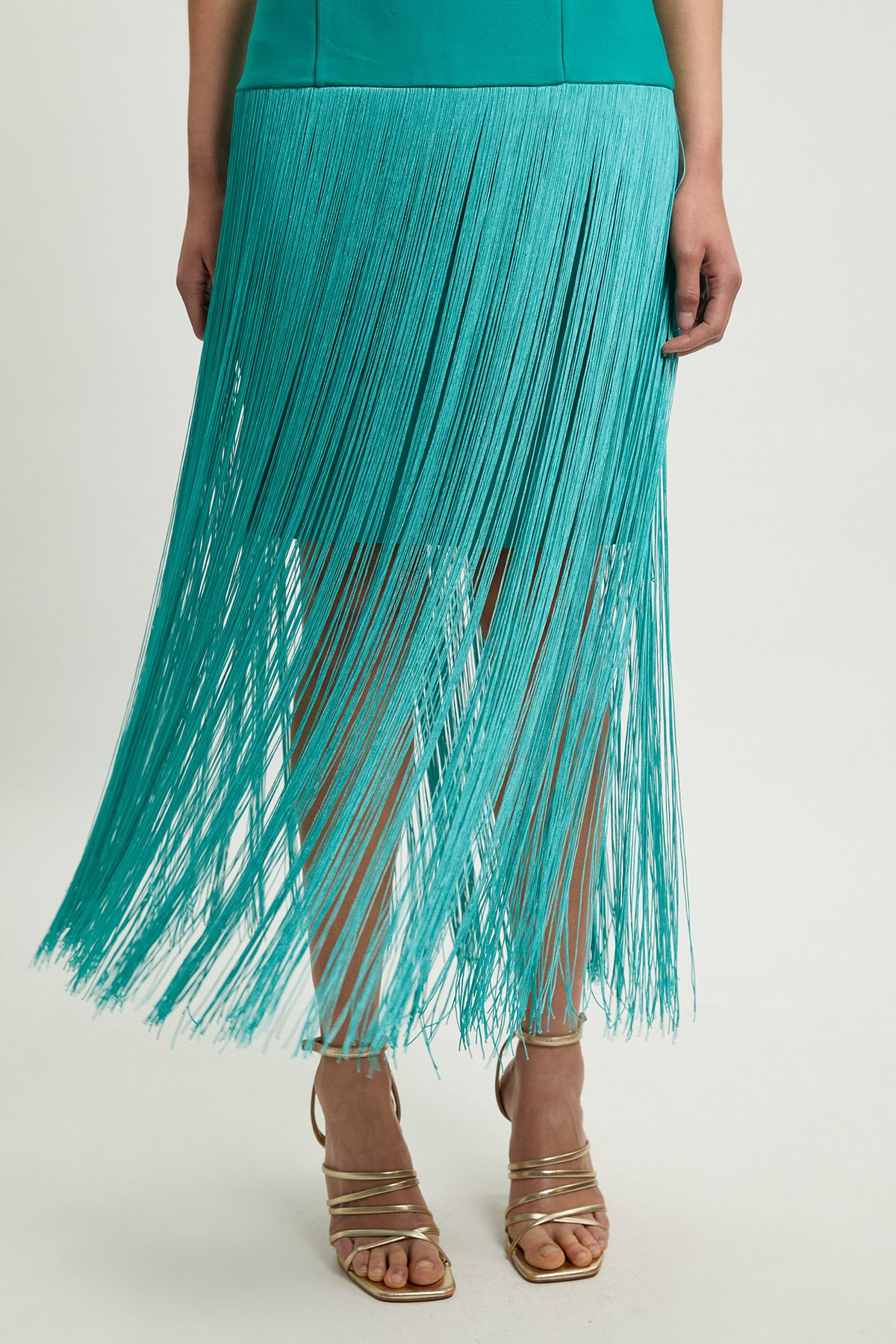 KarenMillen Figure Form Bandage Strappy Tassel Hem Knitted Dress