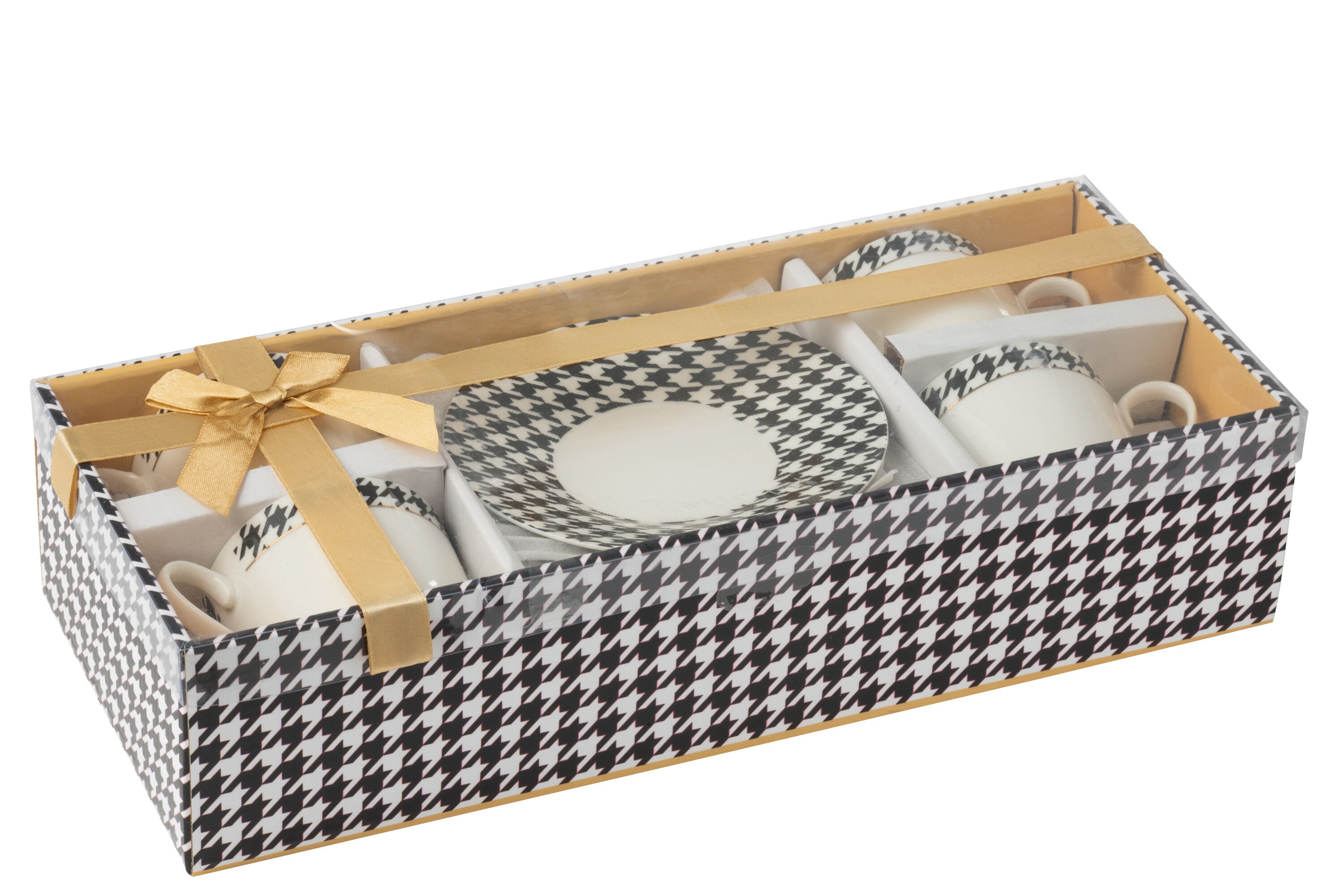 J-Line koffietas + bord Pied-Poule - porselein - wit zwart -