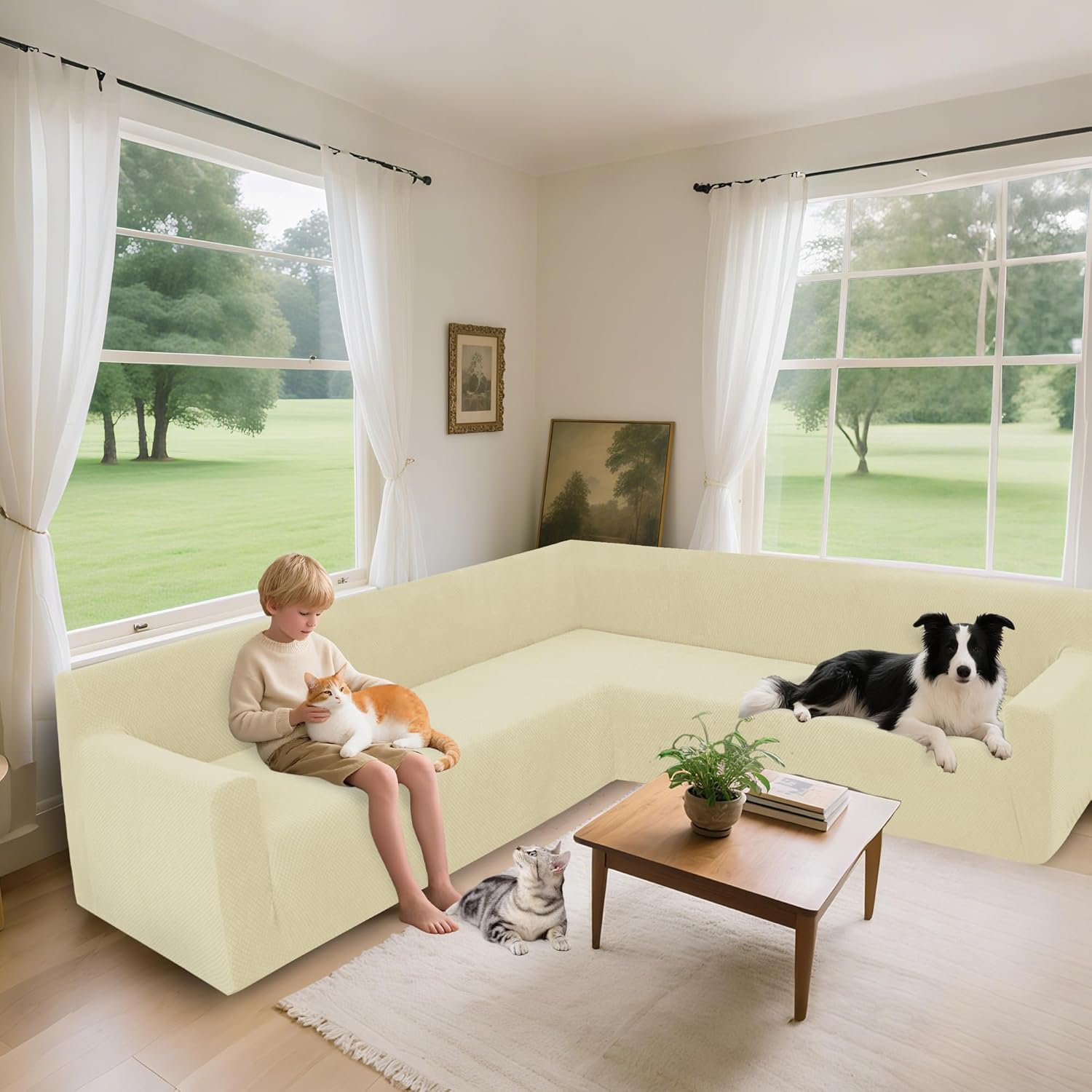 Arfntevss Stretch Sectional Couch Covers L Shaped Corner Sectional Sofa Cover Washable Jacquard Soft Fleece U Shape Sofa Slipcovers Anti Slip Furniture Protector for Dogs Pets (X-Large, Beige)