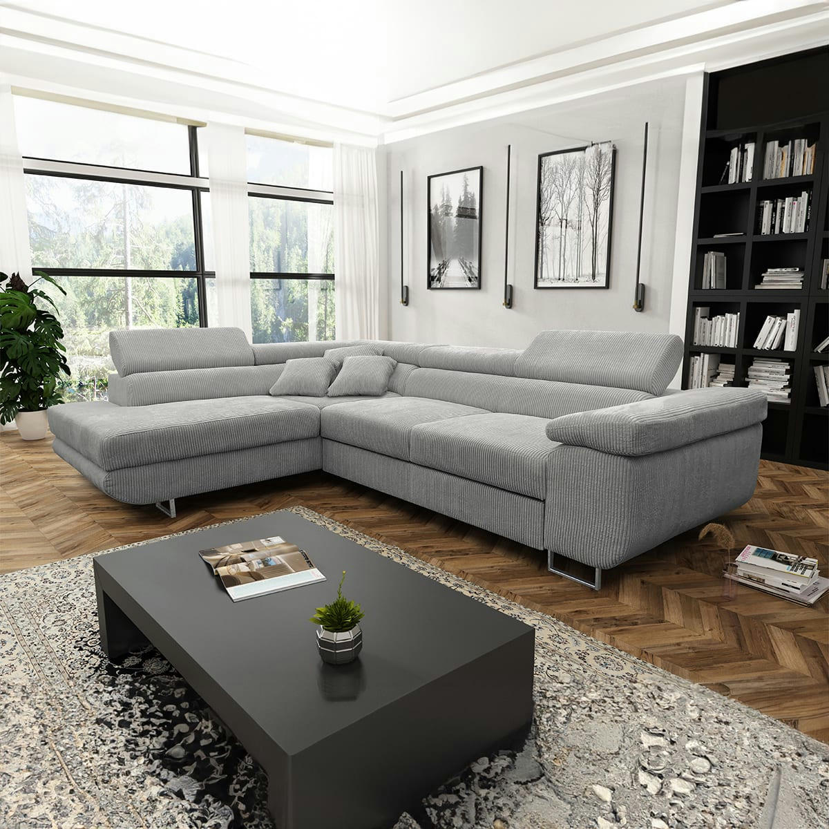 - Canapé d'angle convertible gauche 4 places coffre velours côtelé gris