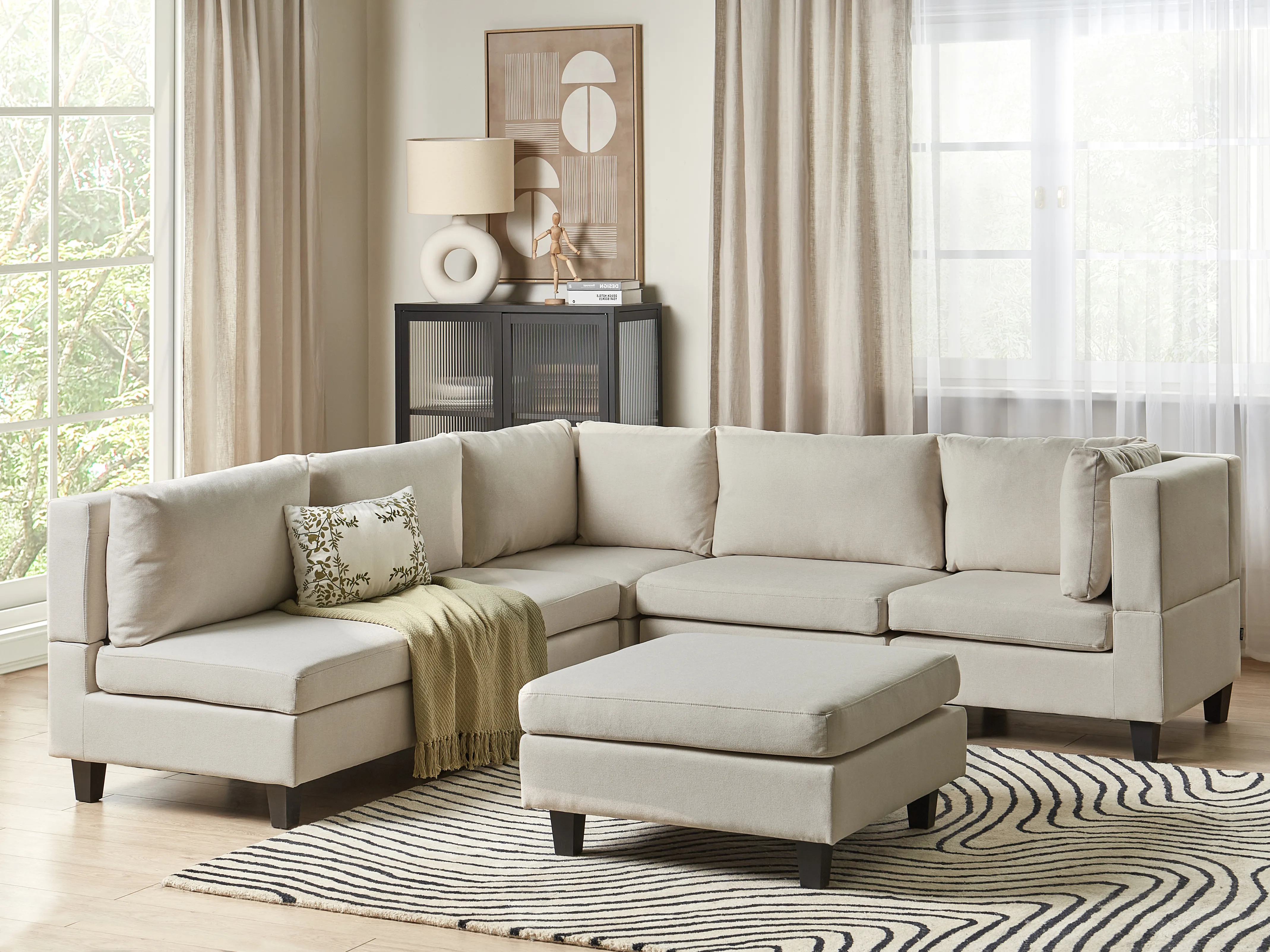 Modular Corner Sofa 5 Seater UNSTAD Fabric Light Beige with Ottoman Left Hand