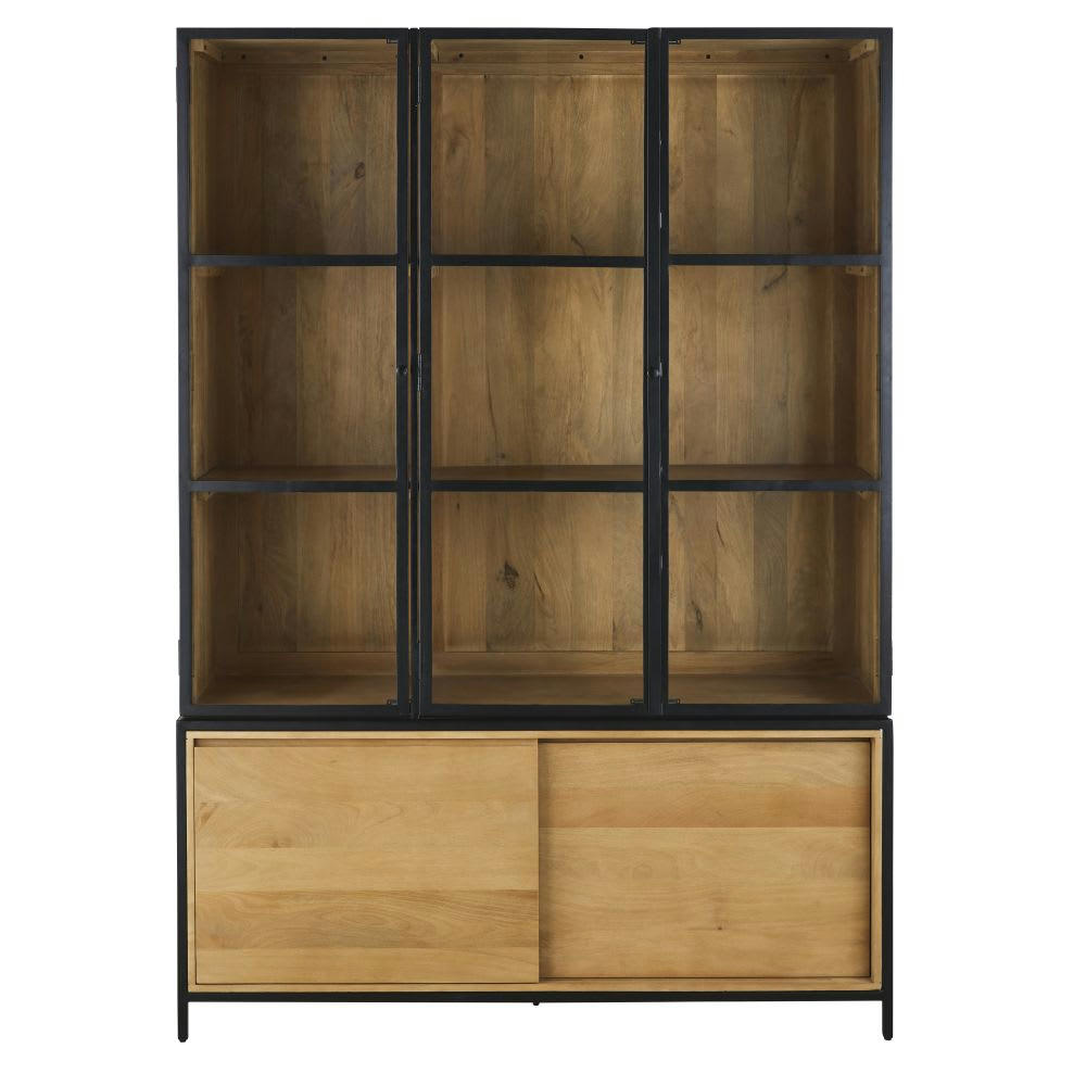 Wayampi - Vaisselier 2 portes en bois de manguier massif, verre trempé et métal noir mat