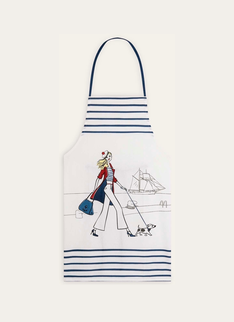 TABLIER EN COTON IMPRIMÉ FEMME PROMENANT SON CHIEN BLANC