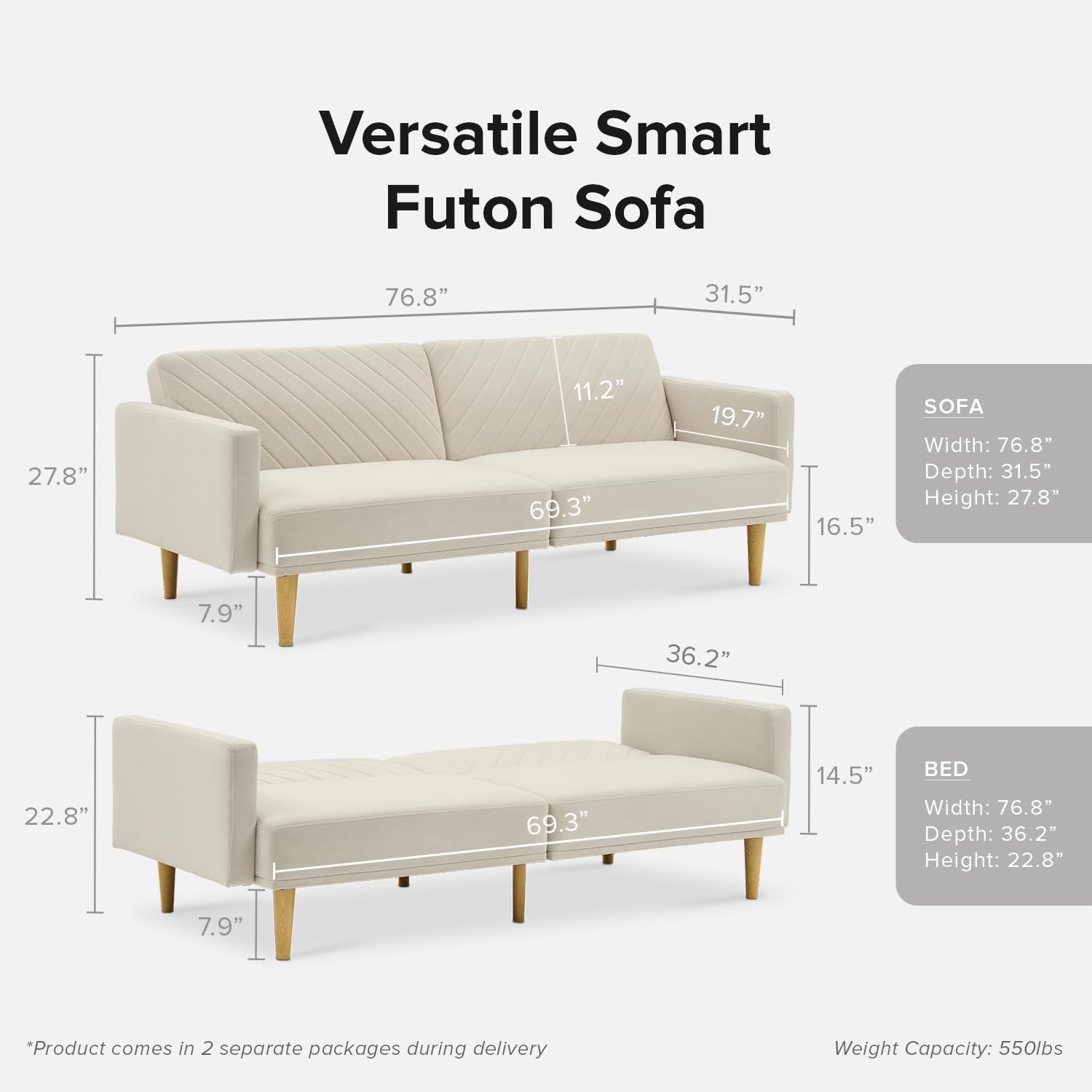mopio 76.4 Futon Sofa Bed, Couch, Loveseat, Sleeper Sofa, Mid Century Modern Futon Couch, Sofa Cama, Couches for Living Room (Snow Velvet)