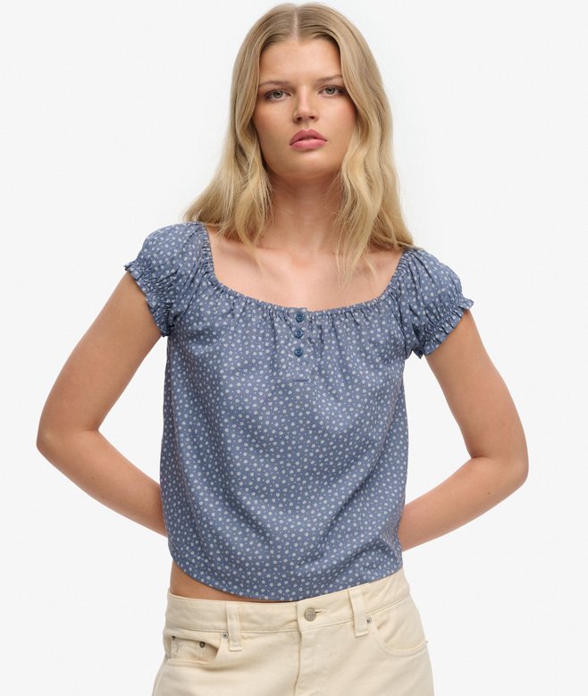Short Sleeve Half Button Woven Top