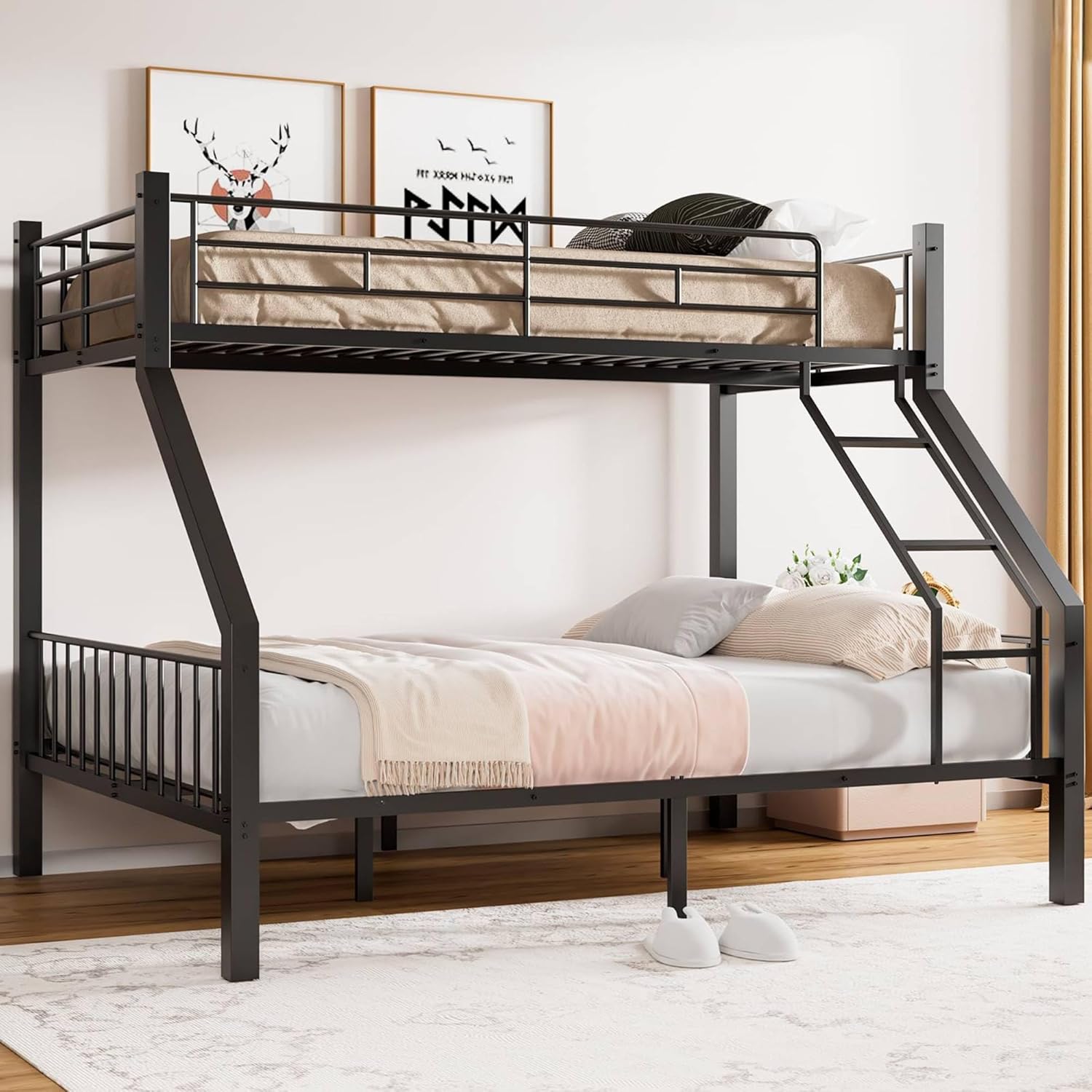 Twin XL Over Queen Bunk Bed, Heavy Duty Queen Bunk Bed for Adults, Metal Bed Frame with Full-Length Guardrails & EVA Padded Anti-Slip Ladder, No Box Spring Needed, Black