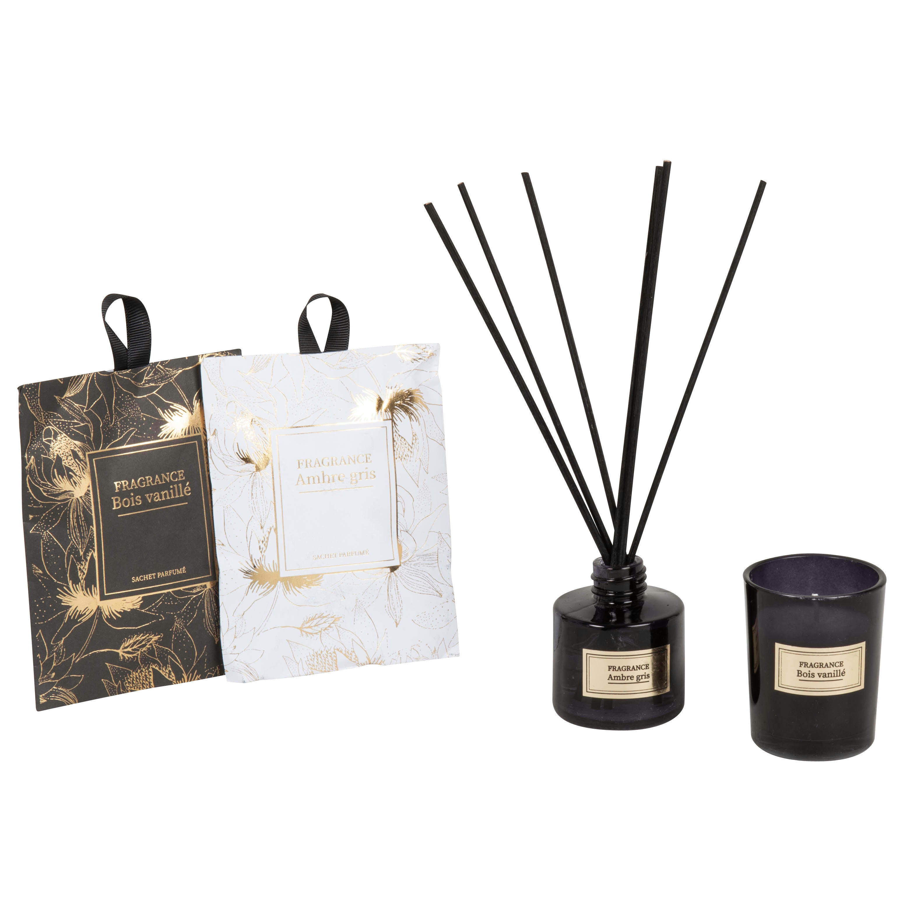 VIENNE - Diffuseur en verre, sachets et bougie parfumés (45g) support cage en métal doré