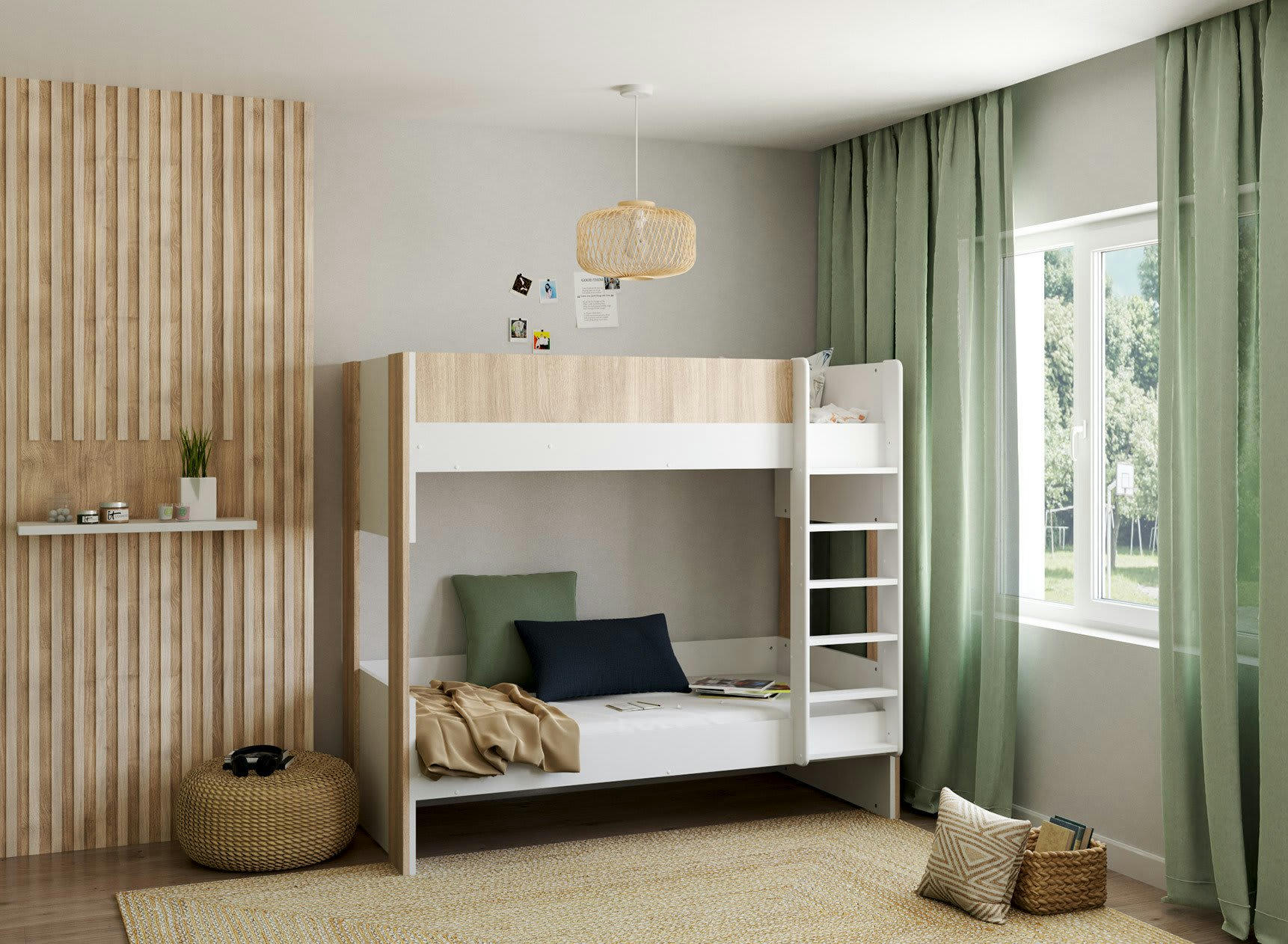 BONDI - Lit superposé scandinave 90x190 Blanc et Bois