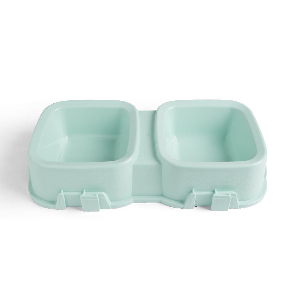 Gamelle double carrée pour chien plastique vert - 31,8x16,6xH6,5cm