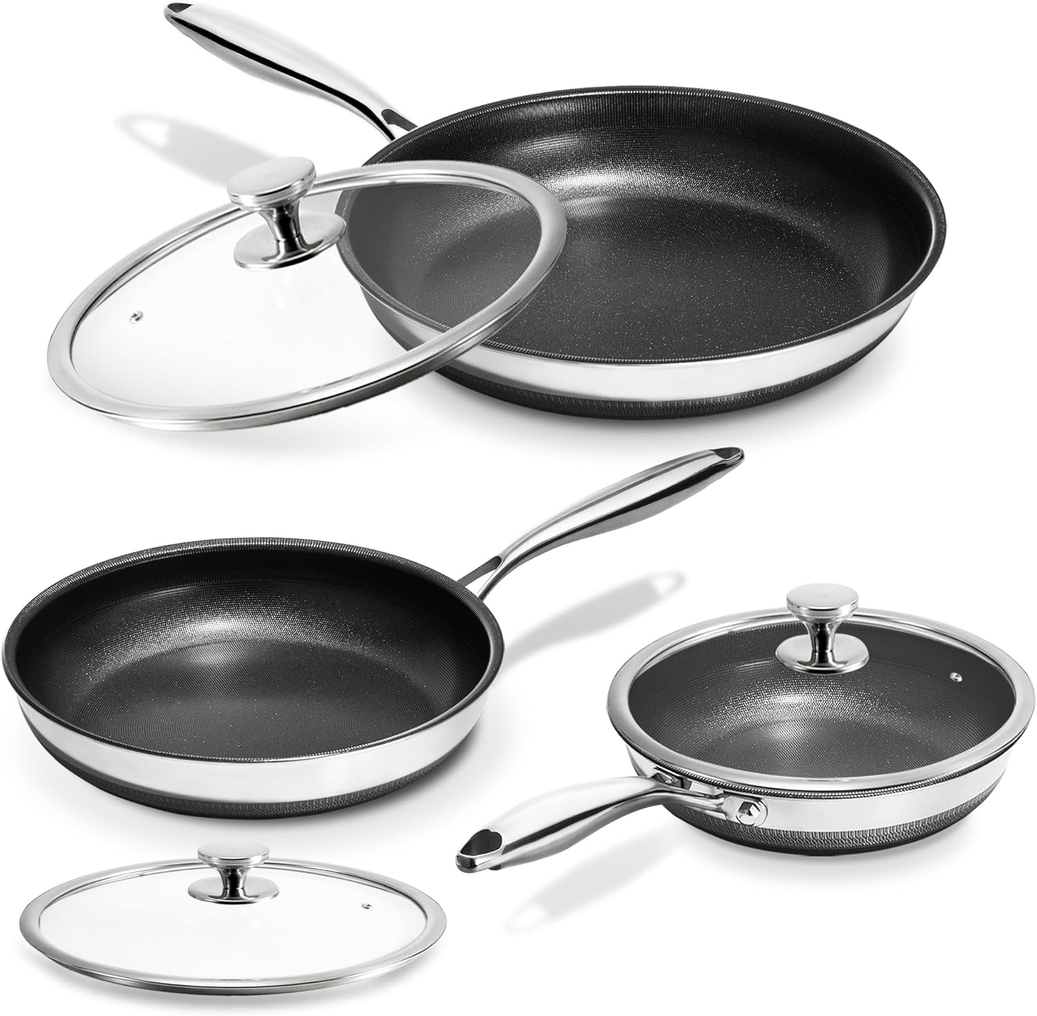 KOKHUB Nonstick Frying Pans with Lids, 8, 10, 12 Titanium Ceramic Tri-Ply Stainless Steel Skillet Set, Non-Toxic, PFAS/PFOA/PTFE Free, Dishwasher & Oven Safe, Induction Compatible