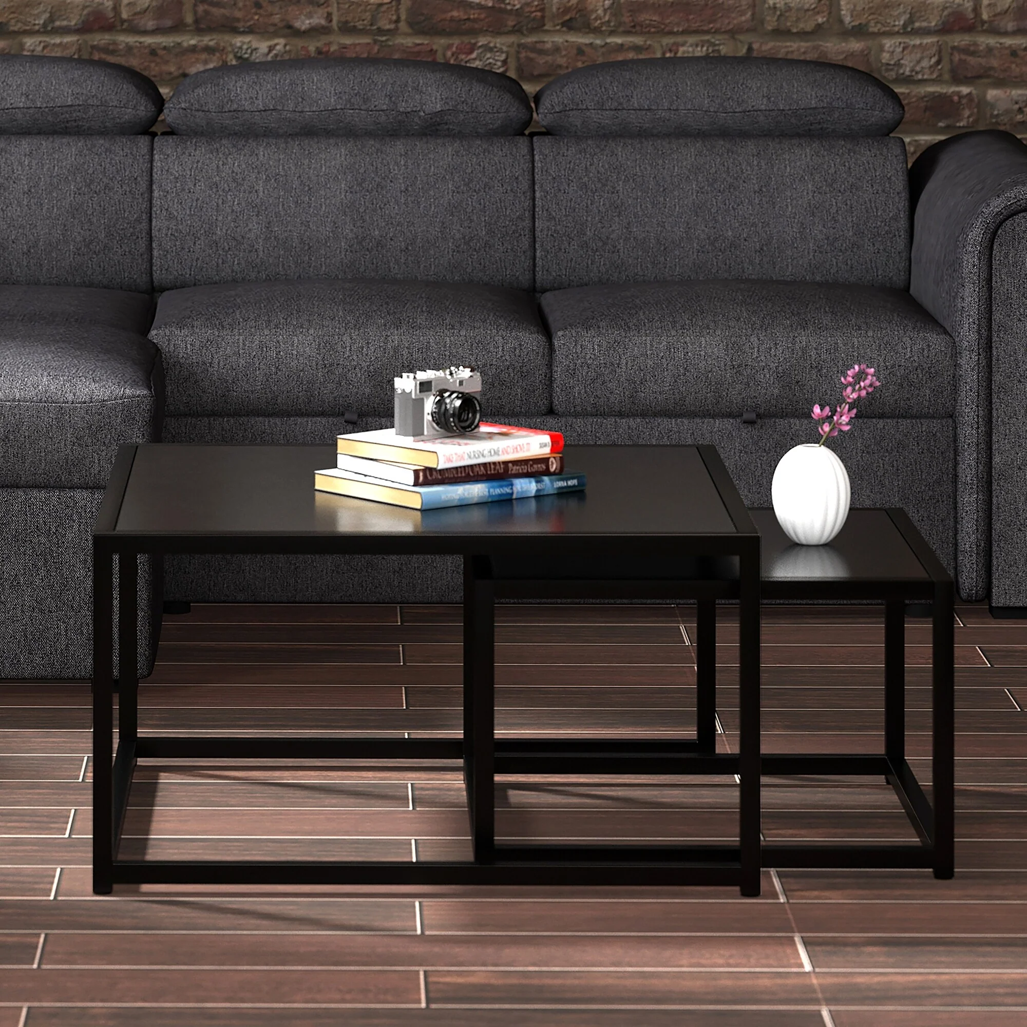 Contemporary Metal and Engineered Wood 2pc Coffee Table - Black