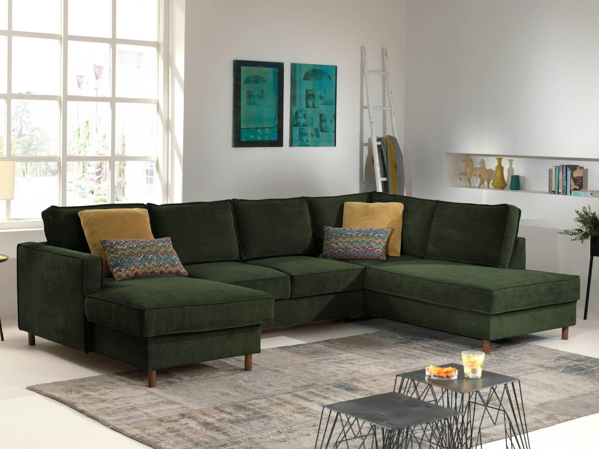 JAKE - Canapé panoramique 7 places angle droit en velours côtelé vert