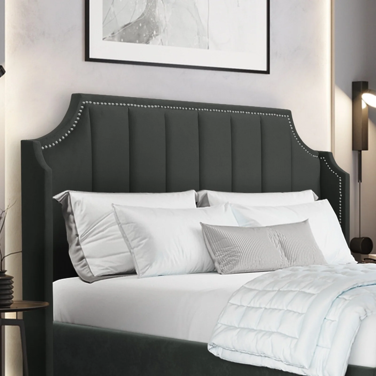 Velvet Upholstered Headboard w/ Wingback and Nailhead Trim
