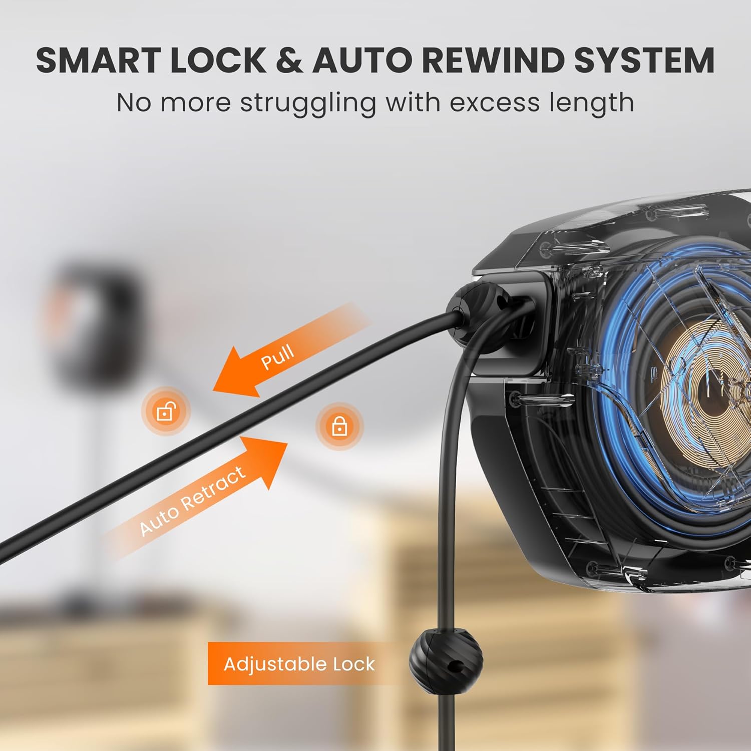 Giraffe Tools Retractable Power Cord Reel, 50ft 12AWG/3C SJT Heavy Duty Extension Cord Storage Reel Wall/Ceiling Mount for Garage with Lighted Triple Tap