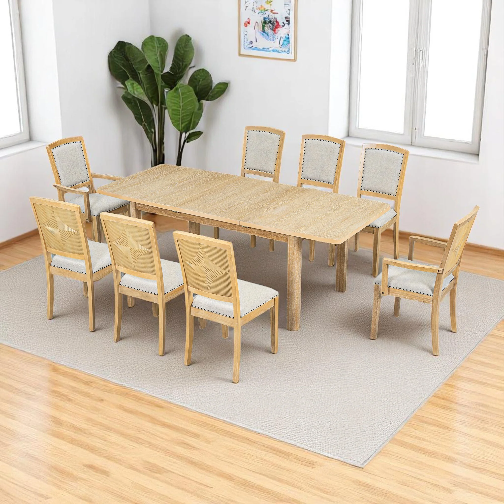 84 Extendable 9-Piece Dining Table Set with 24 Removable Leaf, 6 Upholstered Armless Chairs and 2 Arm Chairs for Dining Room