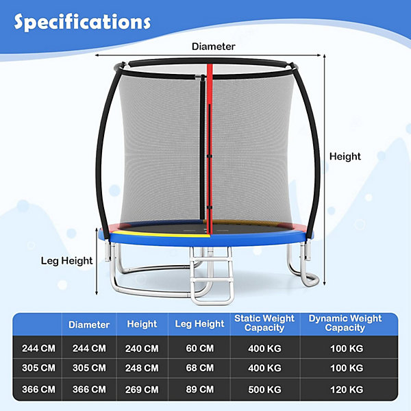 244CM Trampoline Exterieur Enfant, avec Filet Sécurité, échelle, Structure Galvanisée, Enfants et Adultes(Multicolore)