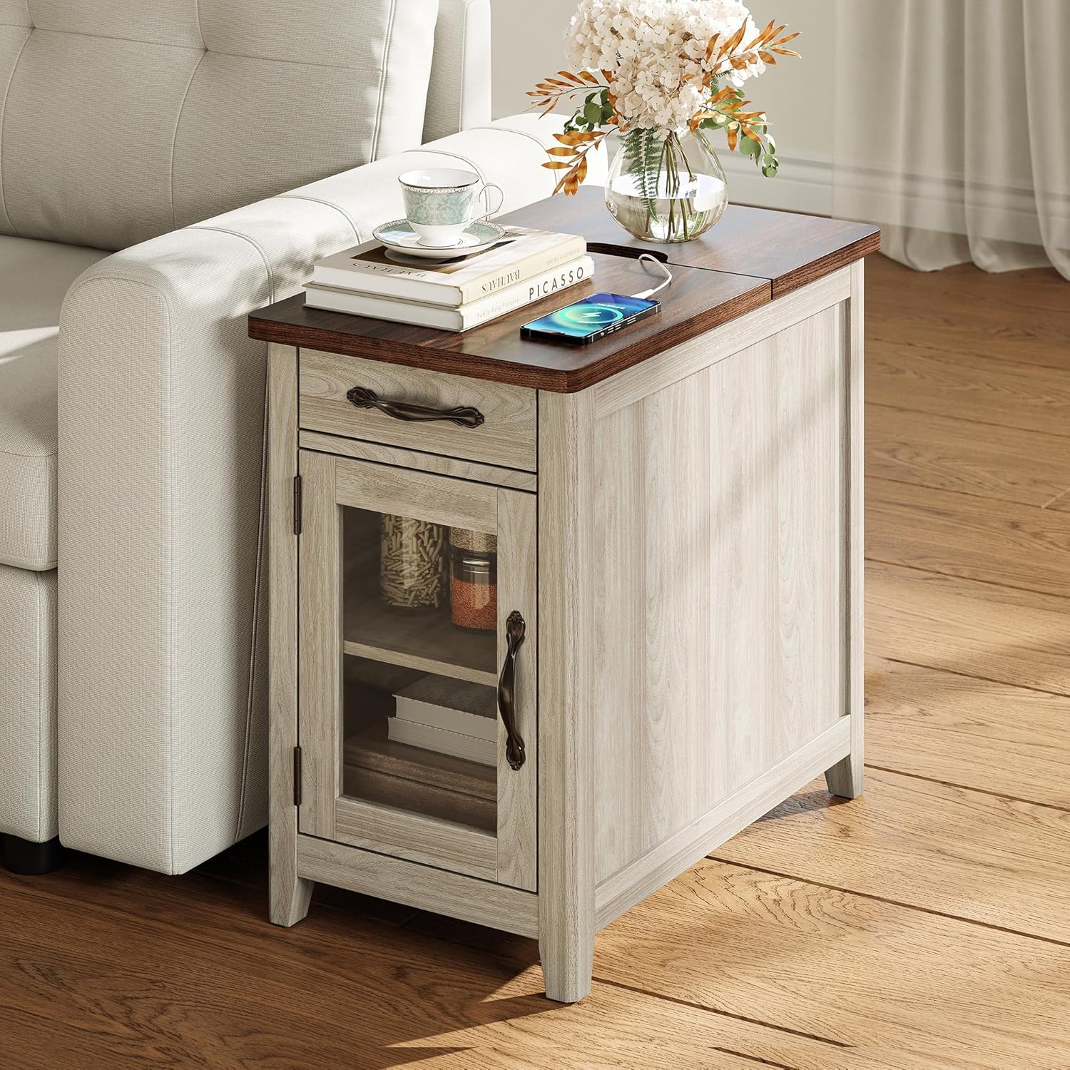 LINSY HOME Farmhouse End Table with Charging Station, Narrow Side Table for Living Room, Sofa Side Table with Drawer and Storage Cabinet, Small Nightstand for Home Office