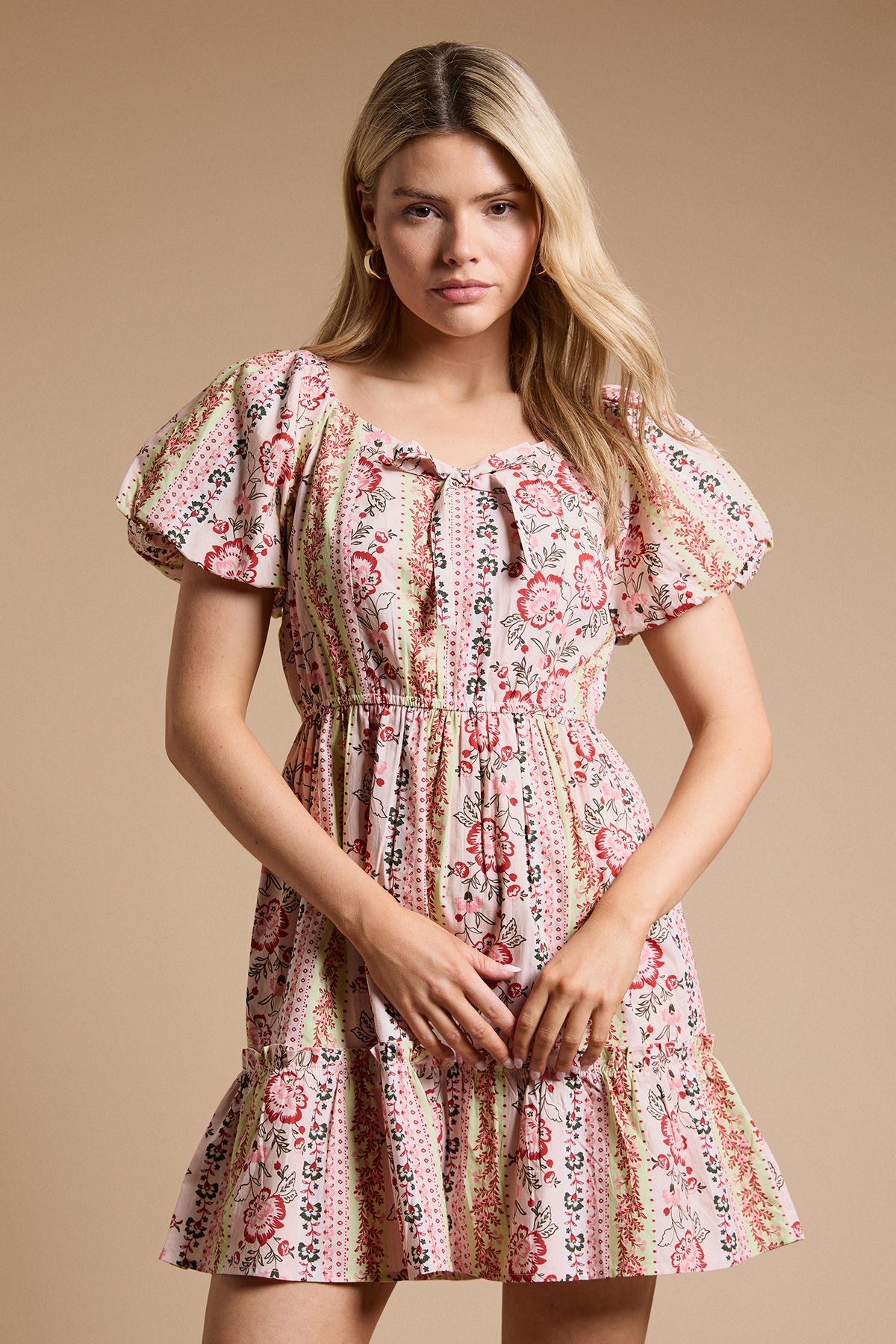 Dorothy Perkins Tie Front Puff Sleeve Poplin Mini Dress