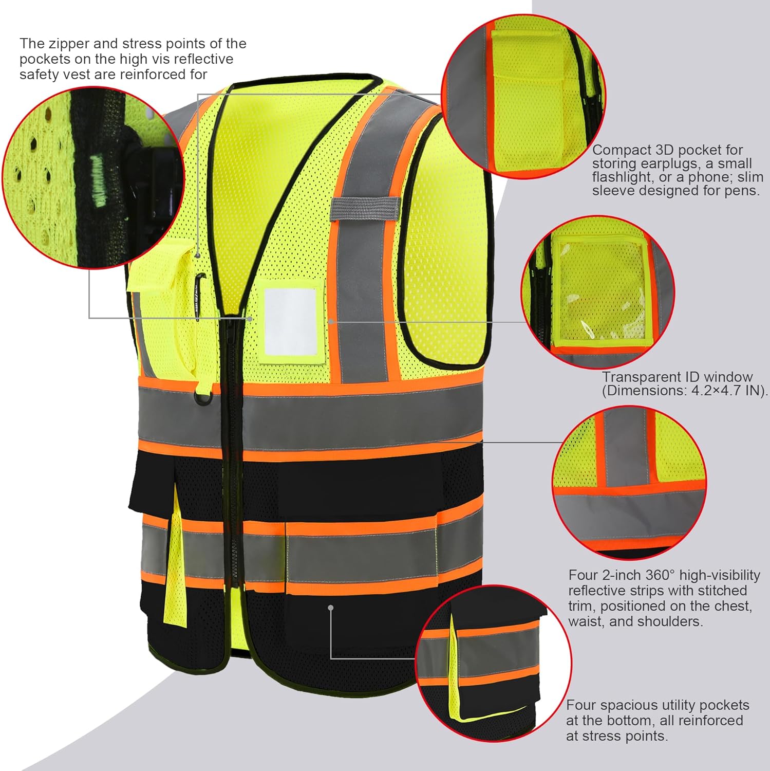 A-SAFETY Mesh High Vis Vest Lightweight Reflective Construction Vest with Pockets Safety Vest for Men/Women