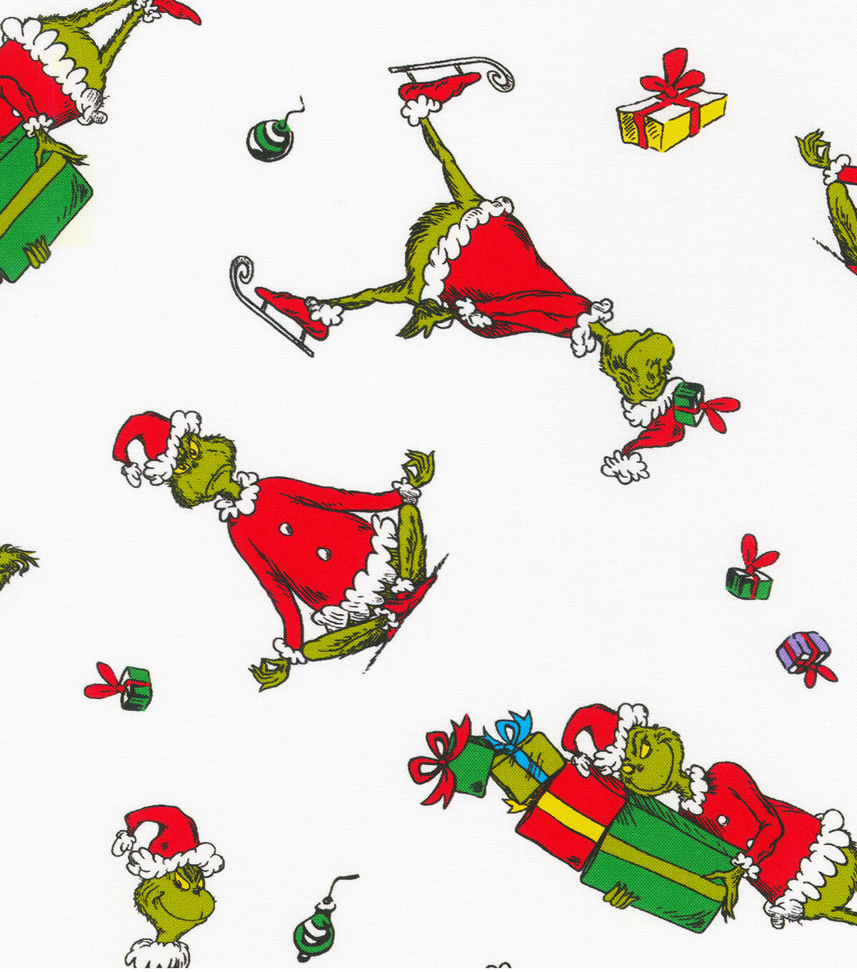 Robert Kaufman Grinches & Gifts on White Christmas Cotton Fabric
