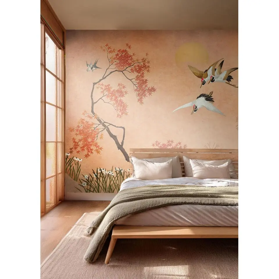 Sanders & Sanders fotobehang kraanvogels oranje en terracotta - 424 x 280 cm