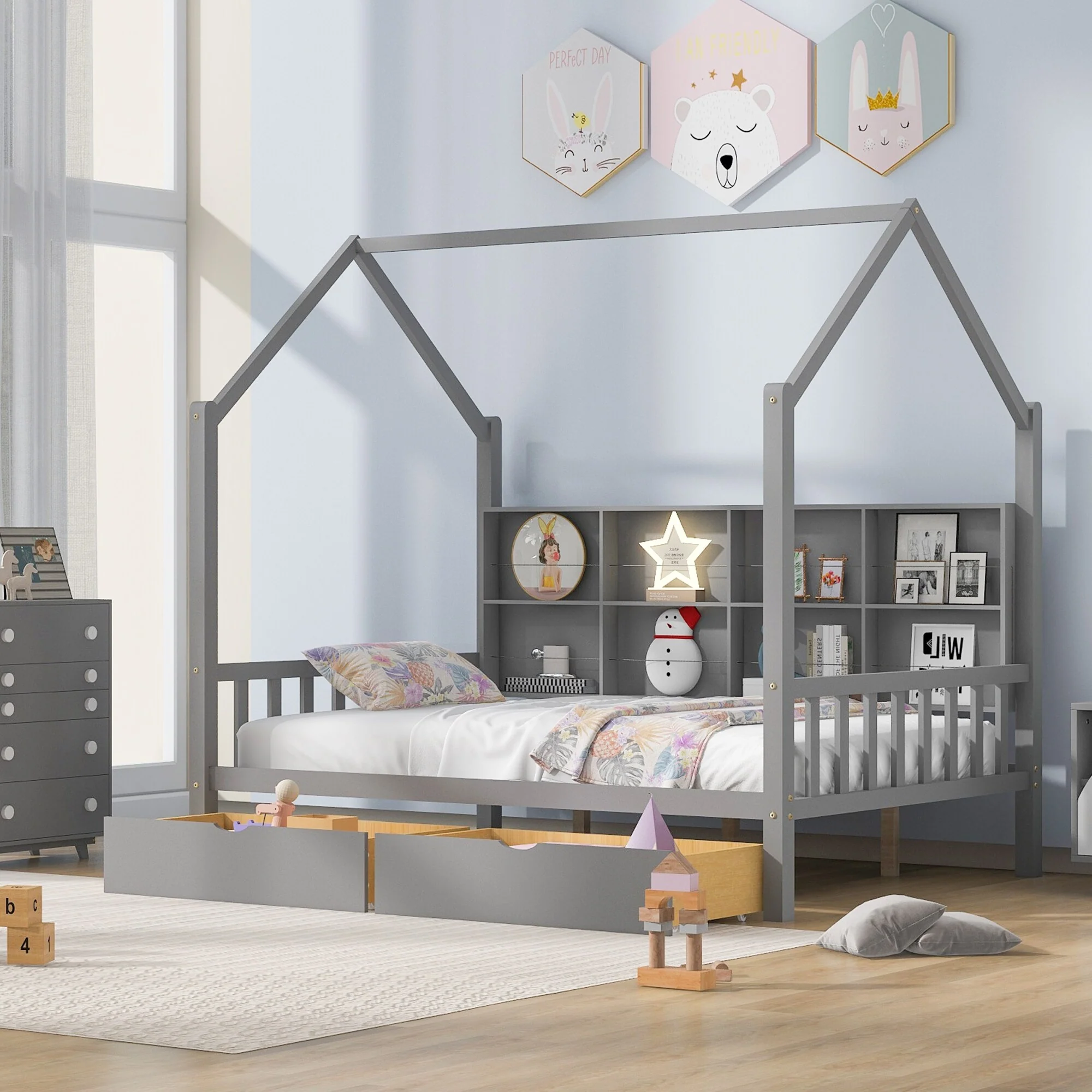 Kids Full Size Wooden House Bed with Roof, Storage Drawers, and Shelf - Playhouse Design
