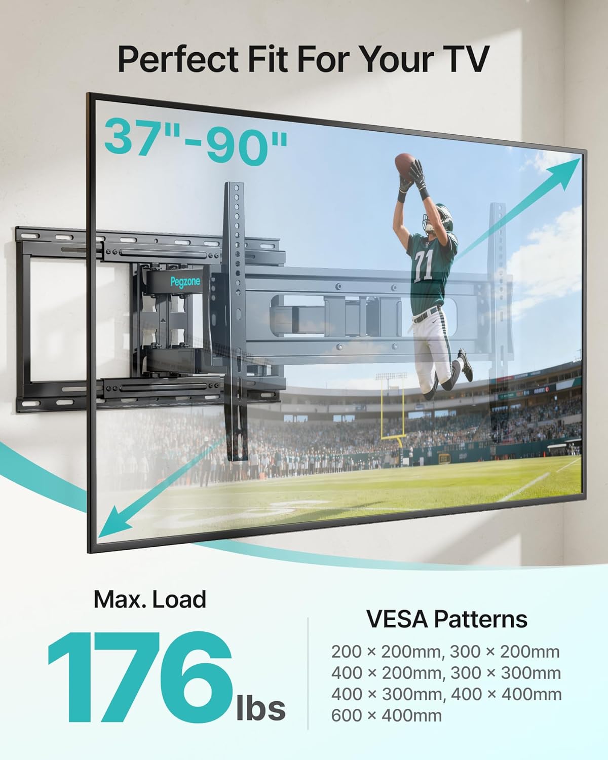 Pegzone Full Motion TV Wall Mount for 37-90 Inch TVs up to 176lbs, 25.4 Extension, Swivel Heavy Duty TV Bracket, Sliding Dual Arms for Off-Center Studs, Fits 16/ 18 /24 Wood Studs, VESA 600x400