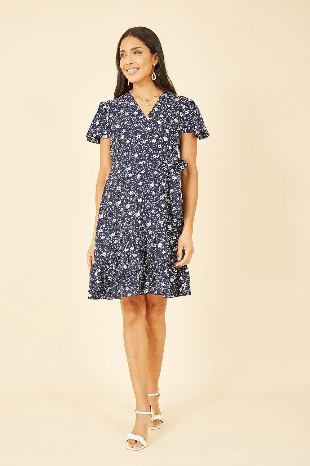 Mela Navy Ditsy Floral Wrap Frill Dress