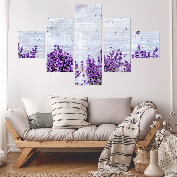 Obraz 5-Częściowy KWIATY Lawendy Deski 3D 150x90cm