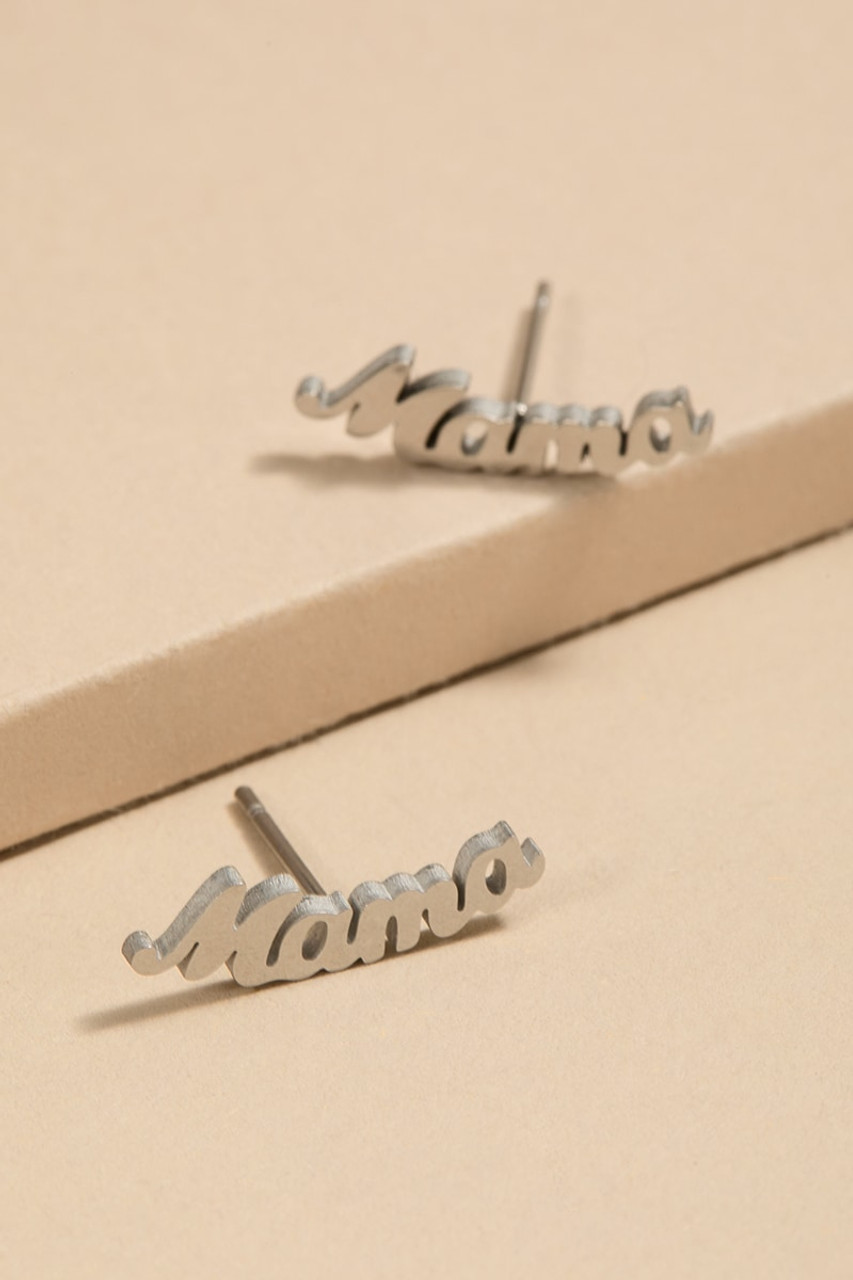Mama Stainless Steel Silver Stud Earrings