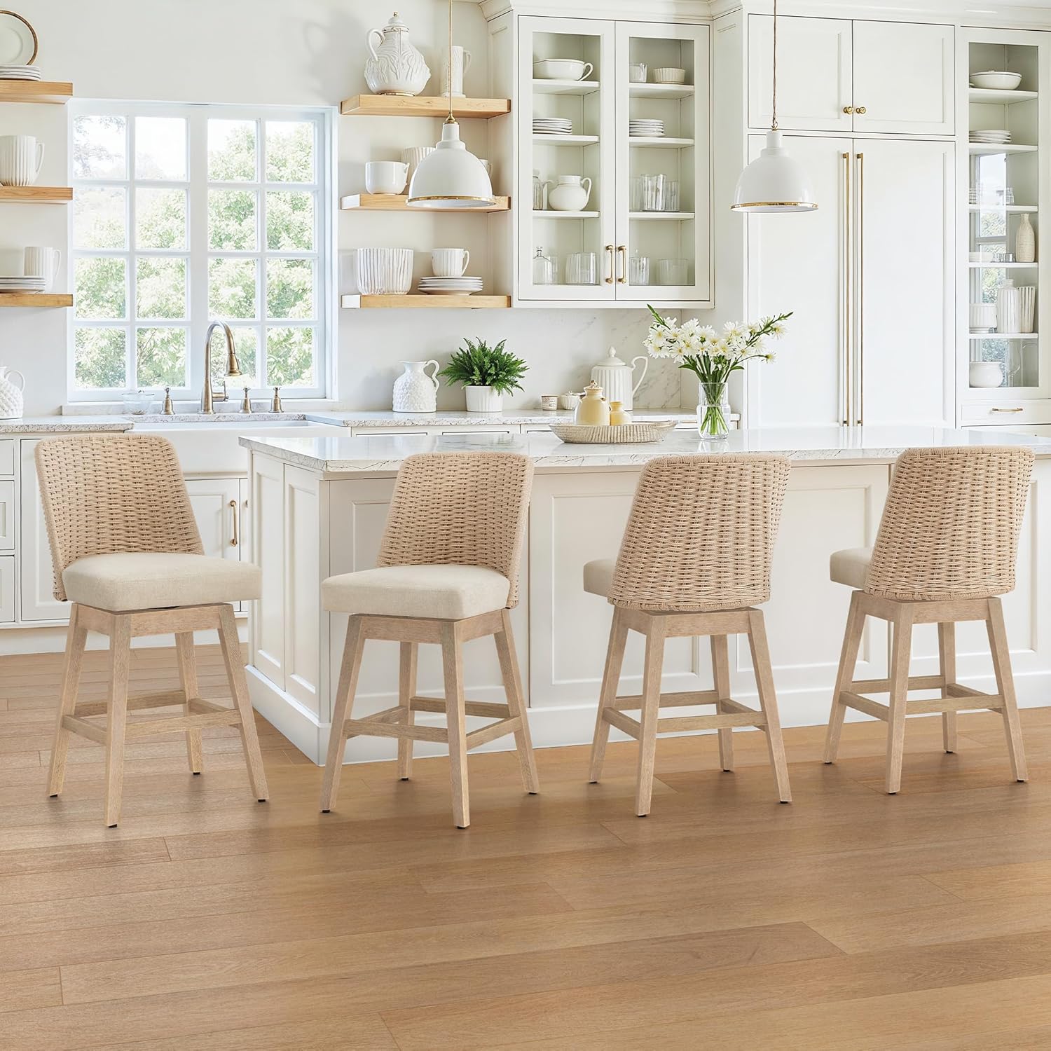 LUE BONA Rattan Bar Stools Set of 4, 27” Swivel Wooden Bars Stools with Thick Linen Seat, Handwoven Back & Wooden Leg, Counter Height for Kitchen Island, Apricot